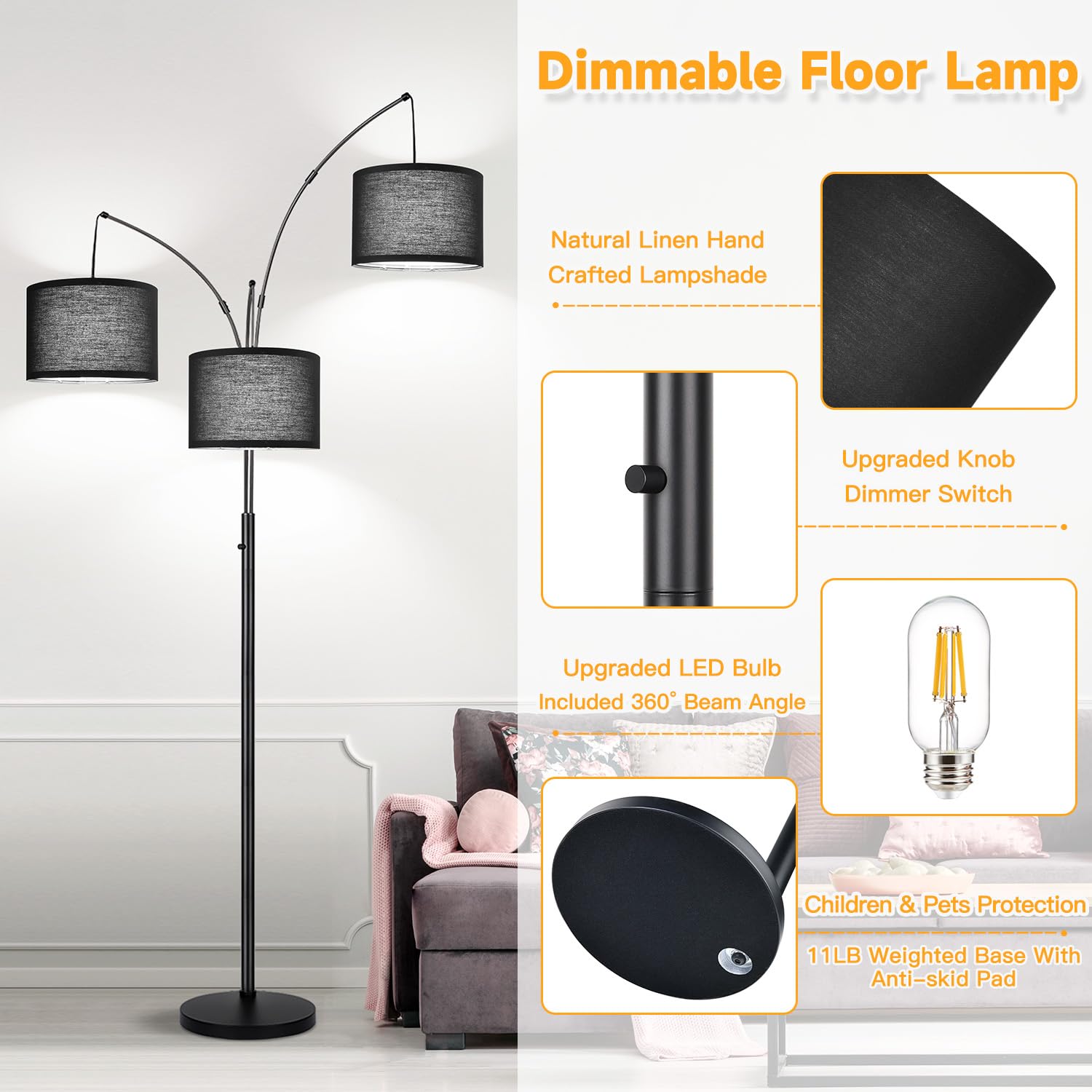 Dimmable Floor Lamp, 3 Lights Black Arc Floor Lamps For Living Room, Modern Tall Standing Tree Lamp With Black Shade & Heavy Bas