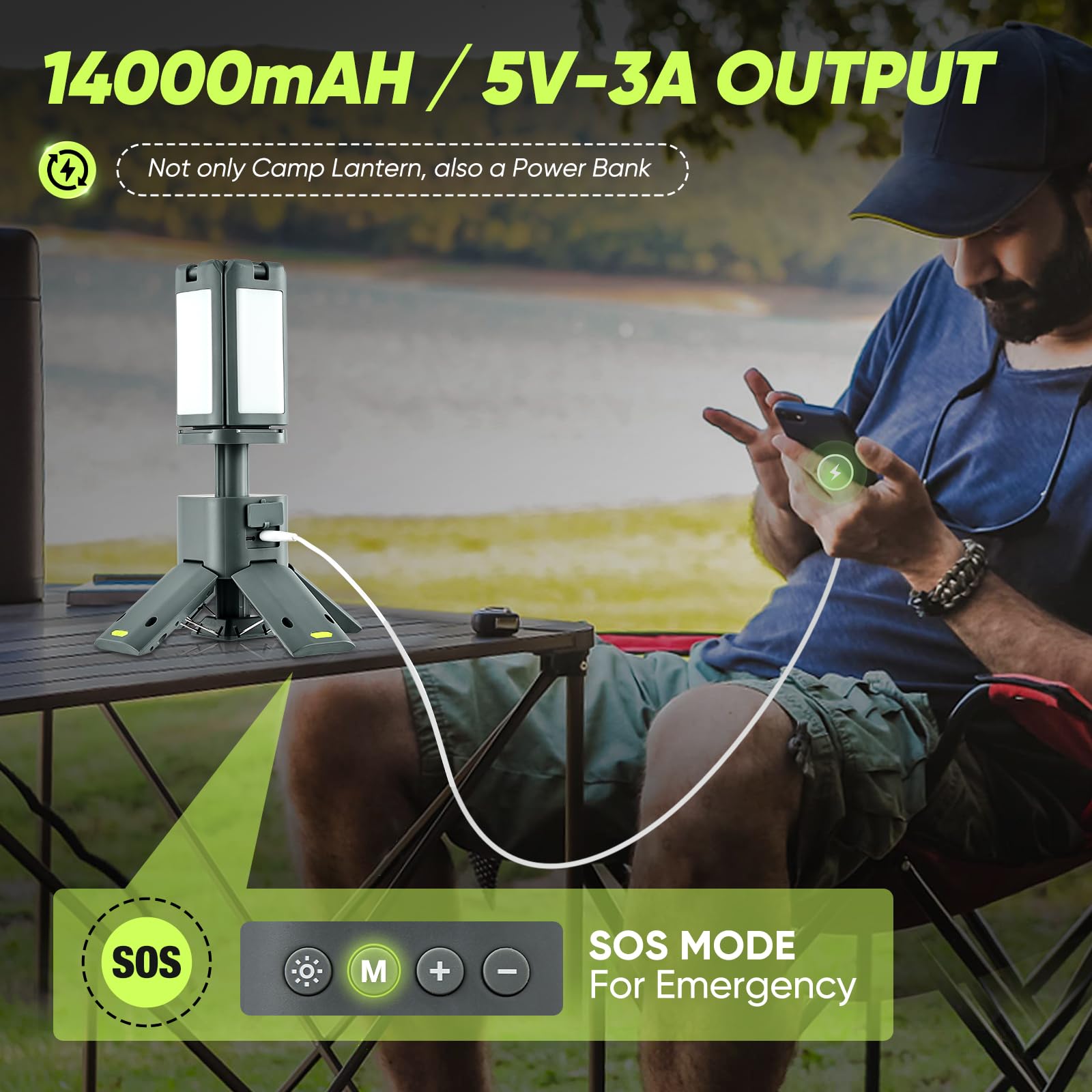 Sakerplus Telescopic Camping Lantern, 14000Mah Rechargeable Cordless Camping Lights With Portable Power Supply, Dimmable Magneti