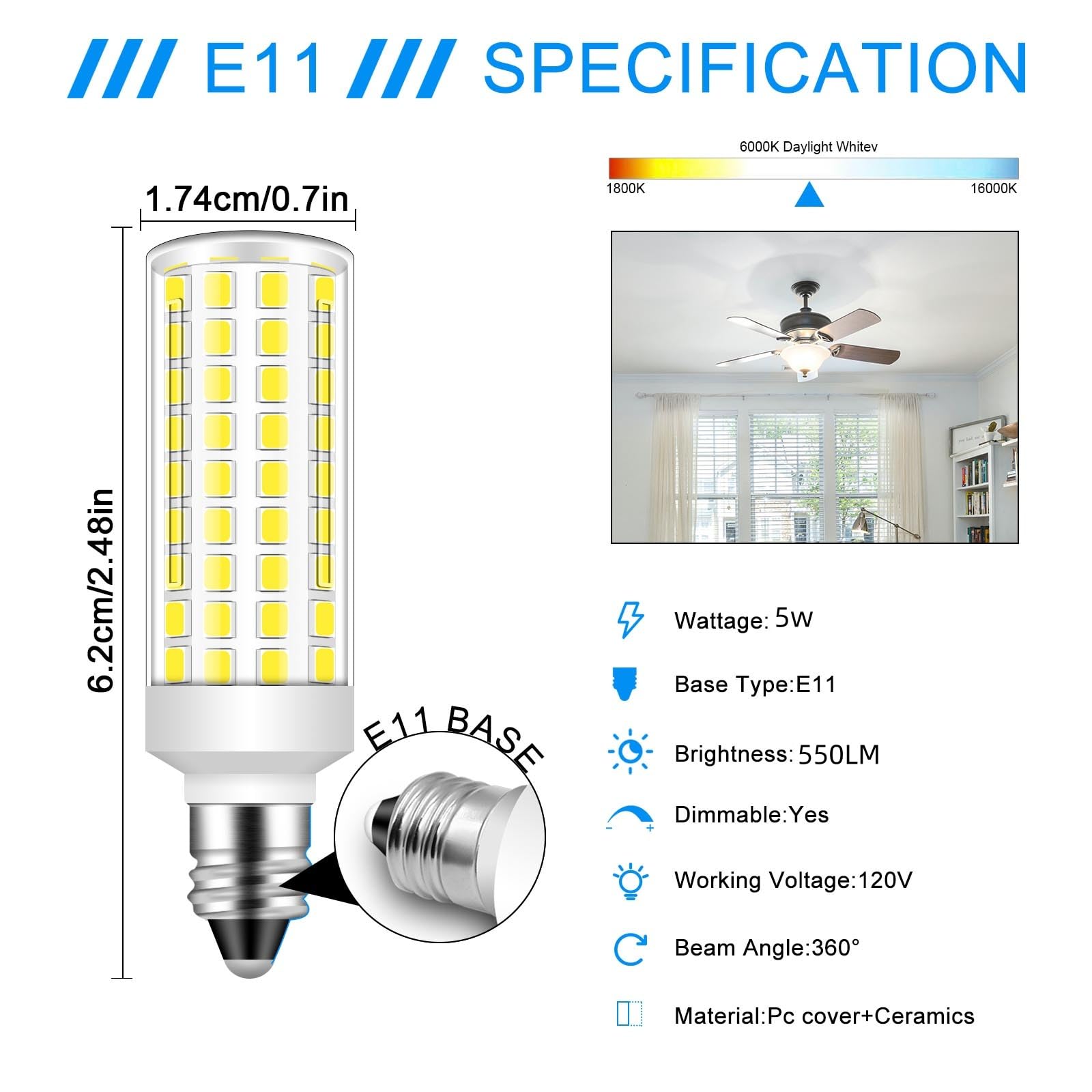 Megereet E11 LED Bulbs Dimmable 5W 550lm, 4-Pack, Daylight White 6000K, Mini Base, Equivalent to 50W Halogen,