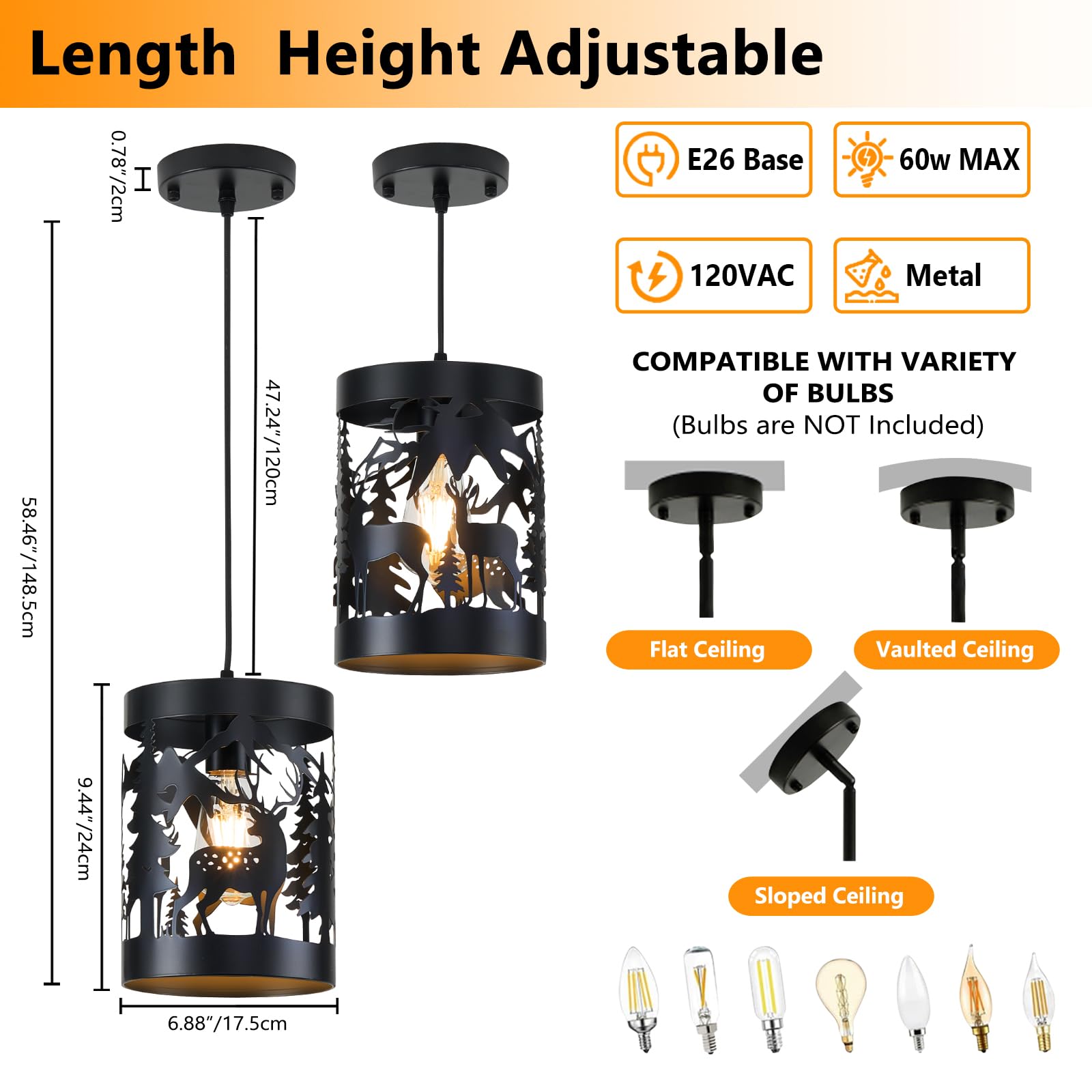 Monyohame Rustic Deer Pendant Light, 1-Light Metal Fixture, Adjustable Height, Bear-Metal Finish, Ideal for Kitchen Island, Dining Room, Bedroom