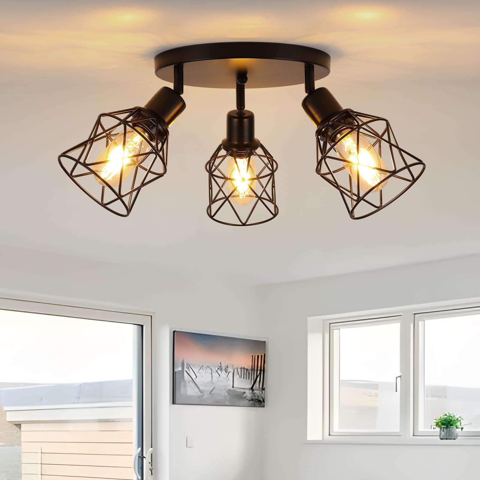 Wilon Kitchen Light Fixtures Ceiling Mount, Black Ceiling Light Fixtures 3-Light Adjustable Semi Flush Mount Ceiling Light, Multi-Directional Ceiling Lights For Kitchen Hallway Dining Room(E26 Base)
