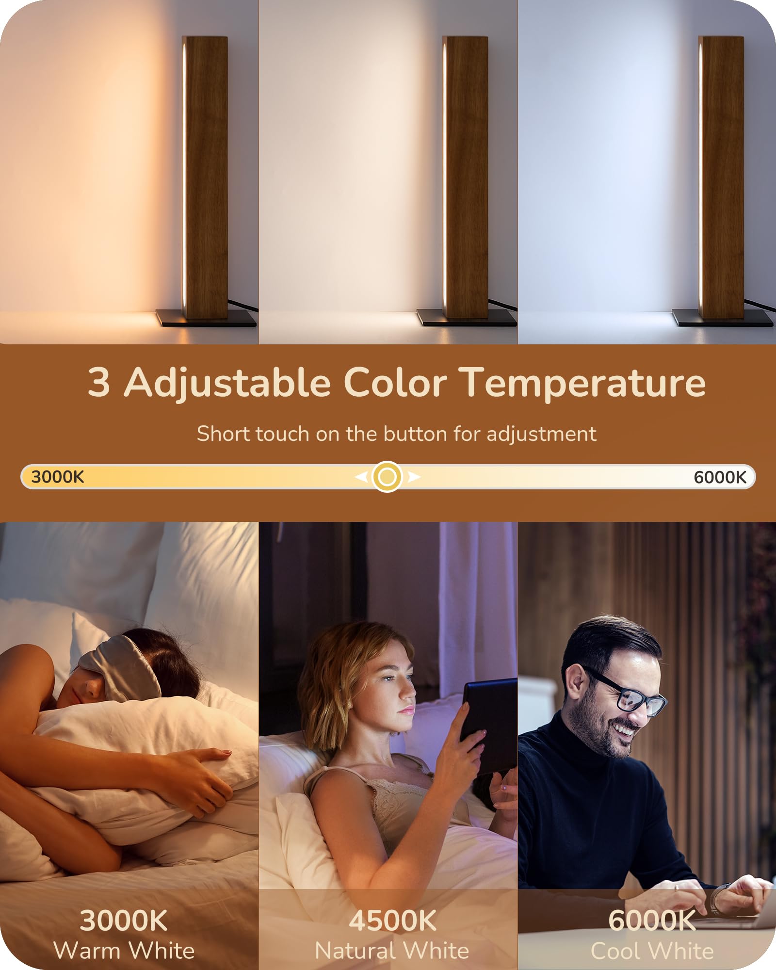 EDISHINE LED Table Lamp - Small Square Nightstand Lamp with 3 Color Temperatures, Stepless Dimming, Touch Control - Dark Wood Finish