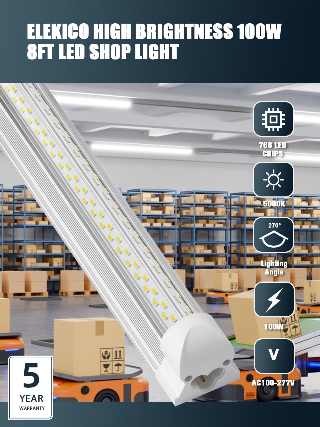 Elekico 6 Pack 100W 8Ft Led Shop Light, Super Bright 15000Lm 5000K V Shape 8' Led Shop Lights, Linkable 8 Foot Led Shop Lights For Garage Warehouse, Supermarket, Basement, Barn, Storage Area