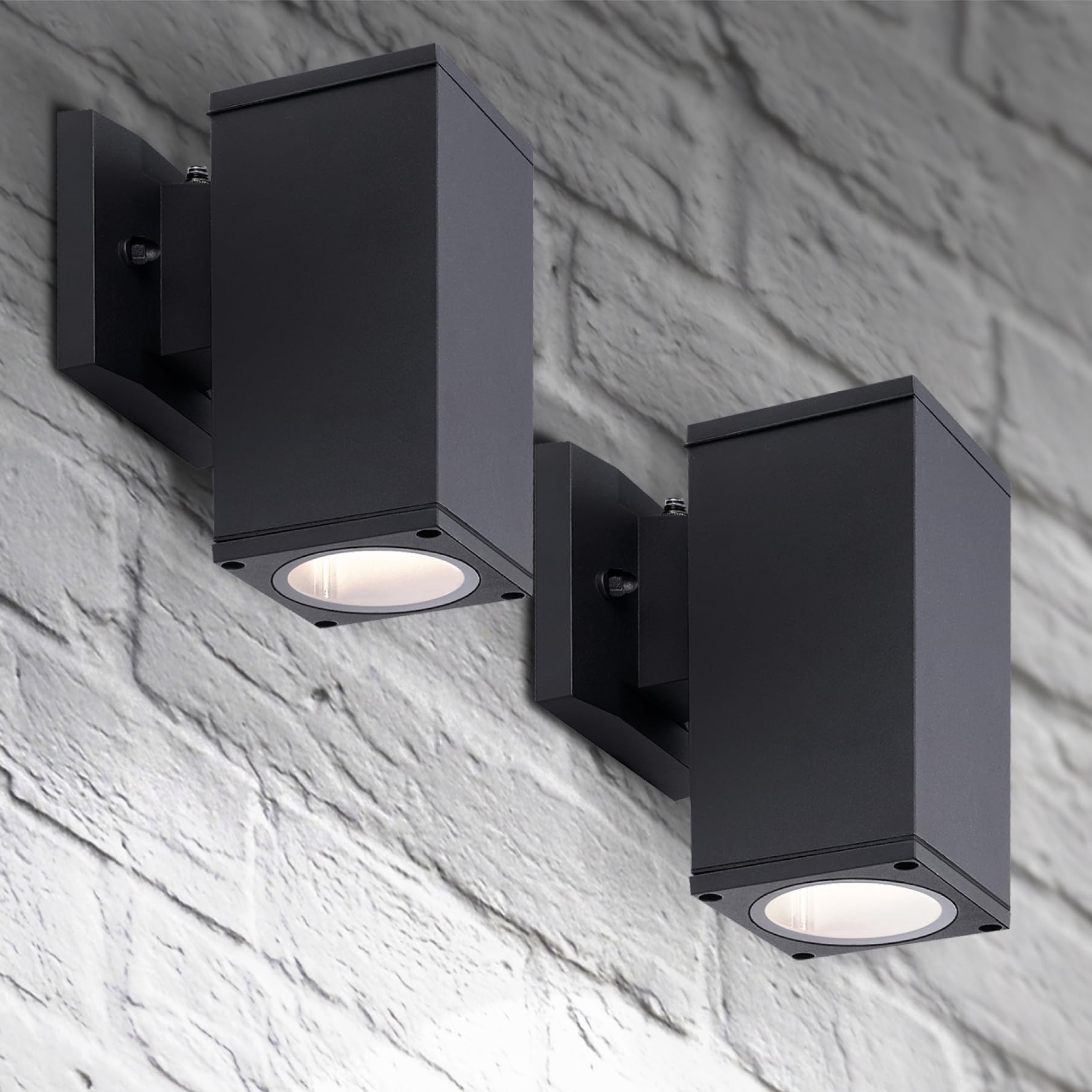 ASD 1 Light Square Dusk to Dawn Outdoor Wall Light Fixture | 60W E26 Bulb Socket 120V ETL Cylinder Up Down Lights | LED/CFL/Incandescent Bulb Wall Sconce | Front Door  Porch  Patio | Black  2 Pack
