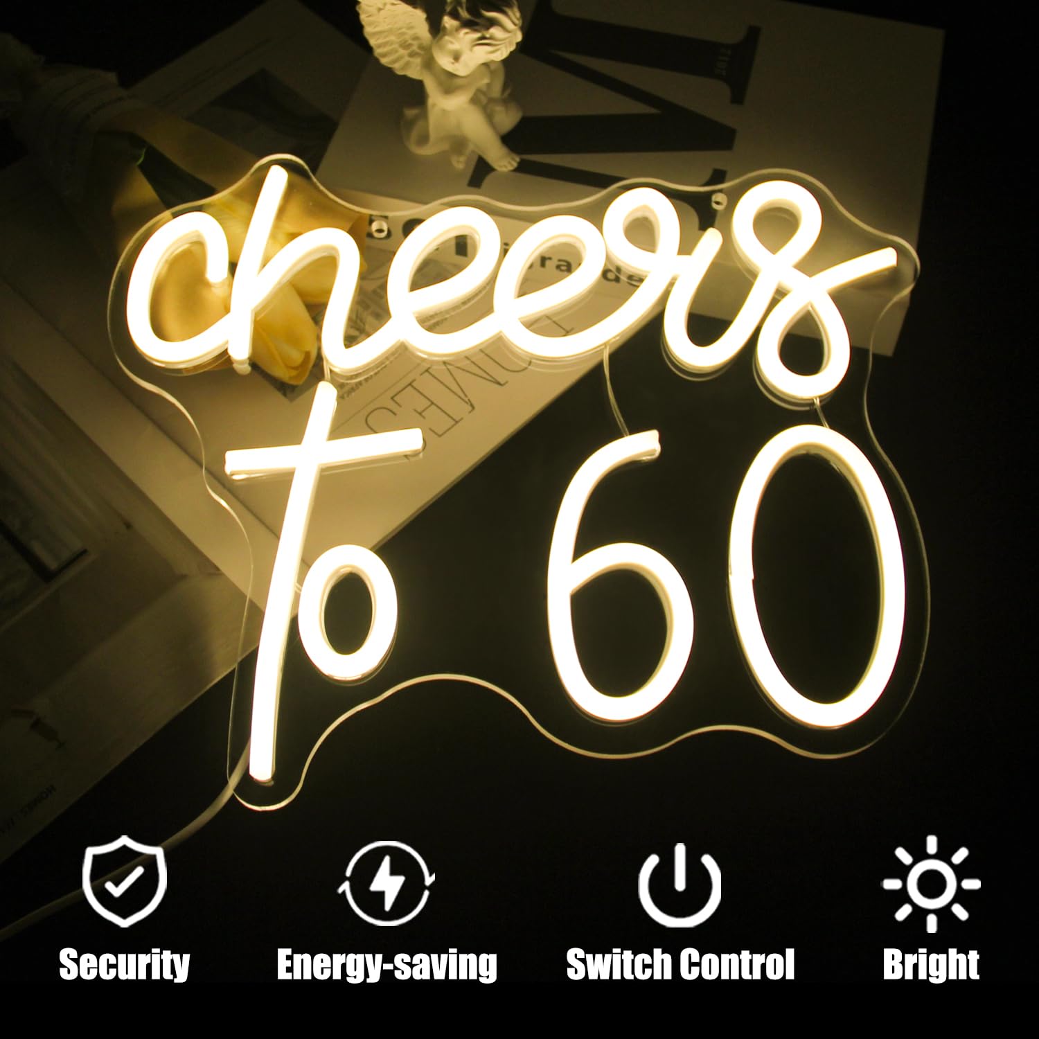 CKTBLEY Cheers to 60 Neon Sign - LED Wall Decor - Warm White - Acrylic - Model CC-Cheers 60 - 60th Birthday Party Decor