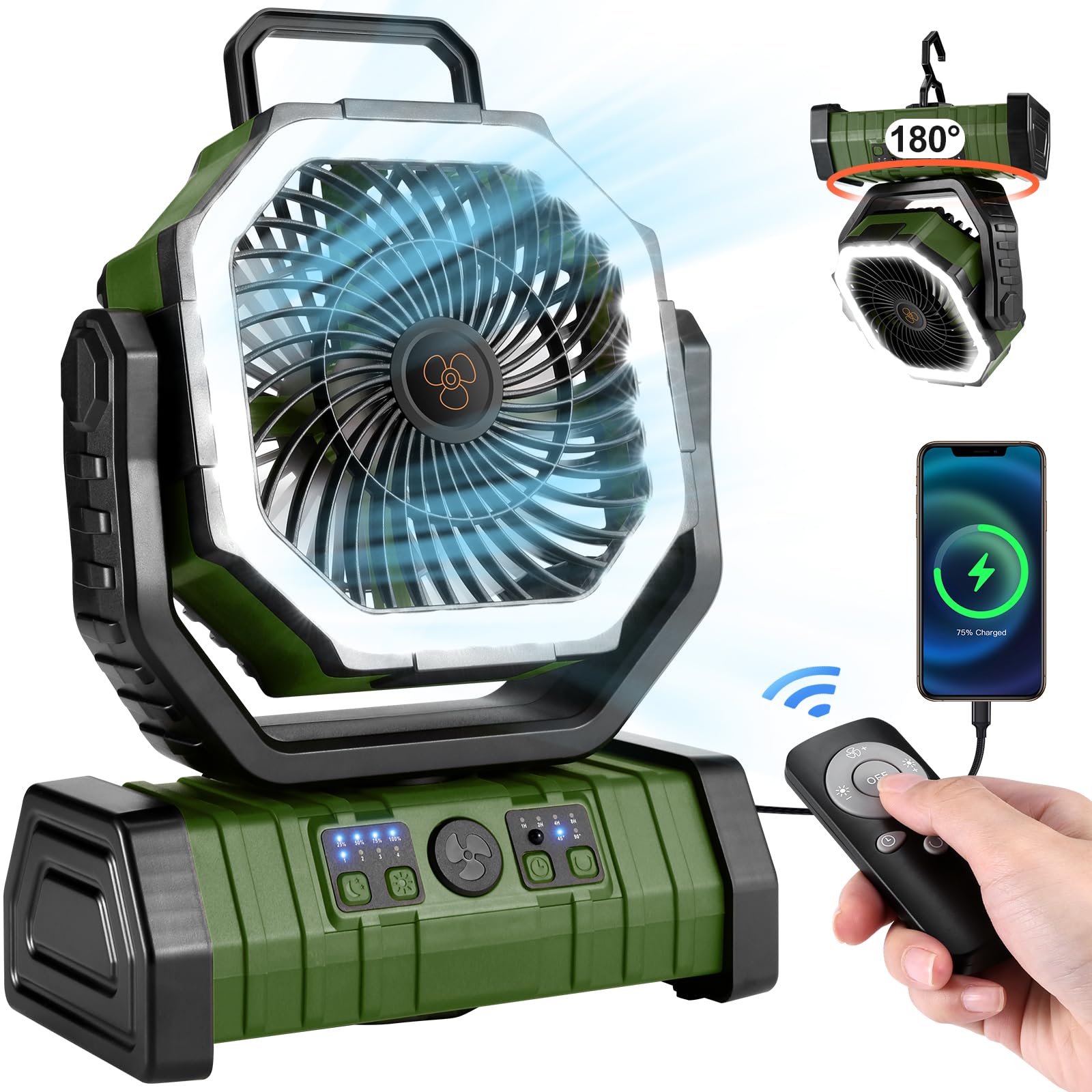 Odoland 30000mAh Camping Fan with LED Lantern, 4 Speeds, Remote, Portable, 11.2x8.7x4.3 inches, Green, Model OD067