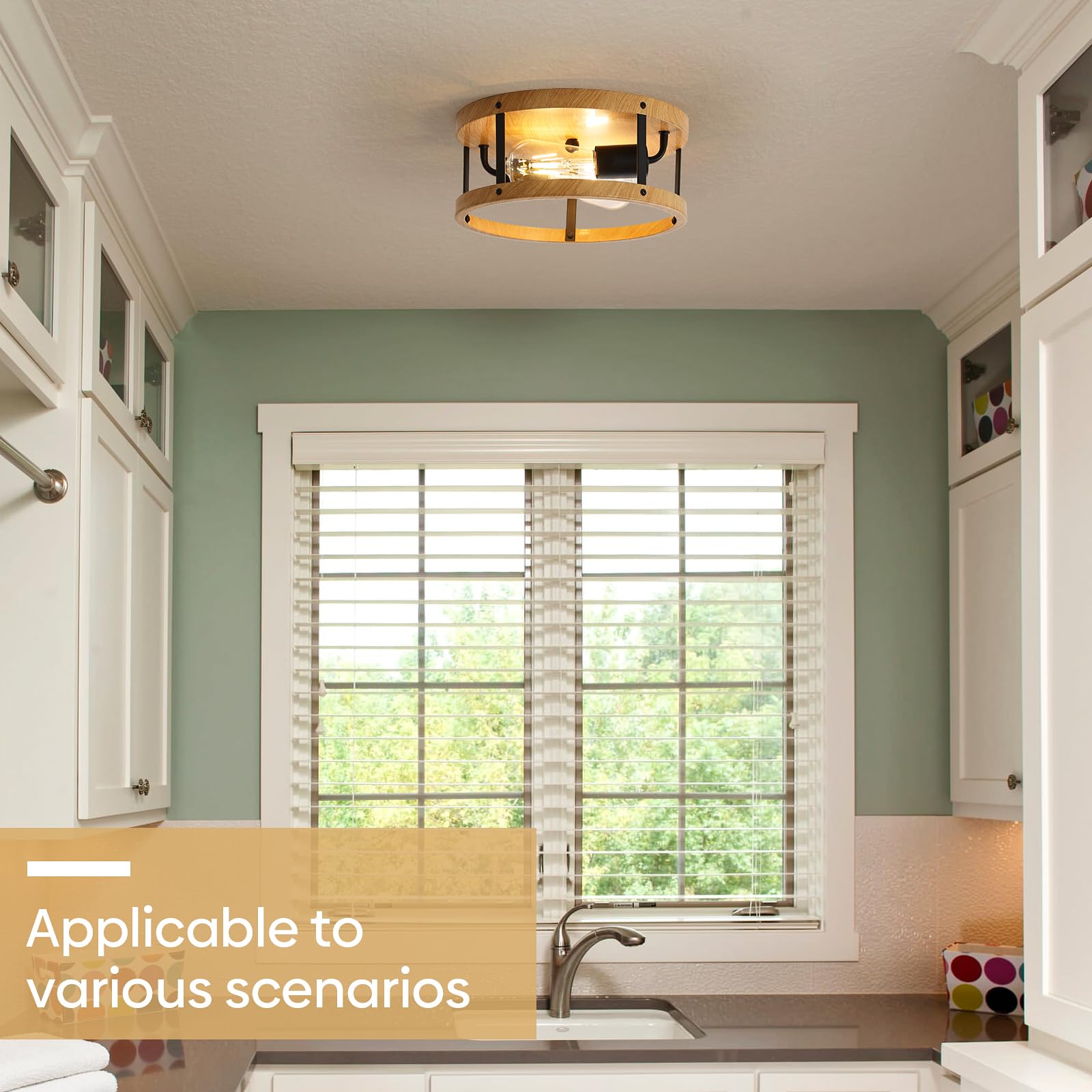 Eietonte Flush Mount Ceiling Light Fixture, 11Inch 2-Light Drum Close To Ceiling Lighting, Rustic Black Metal And Wood E26 Base