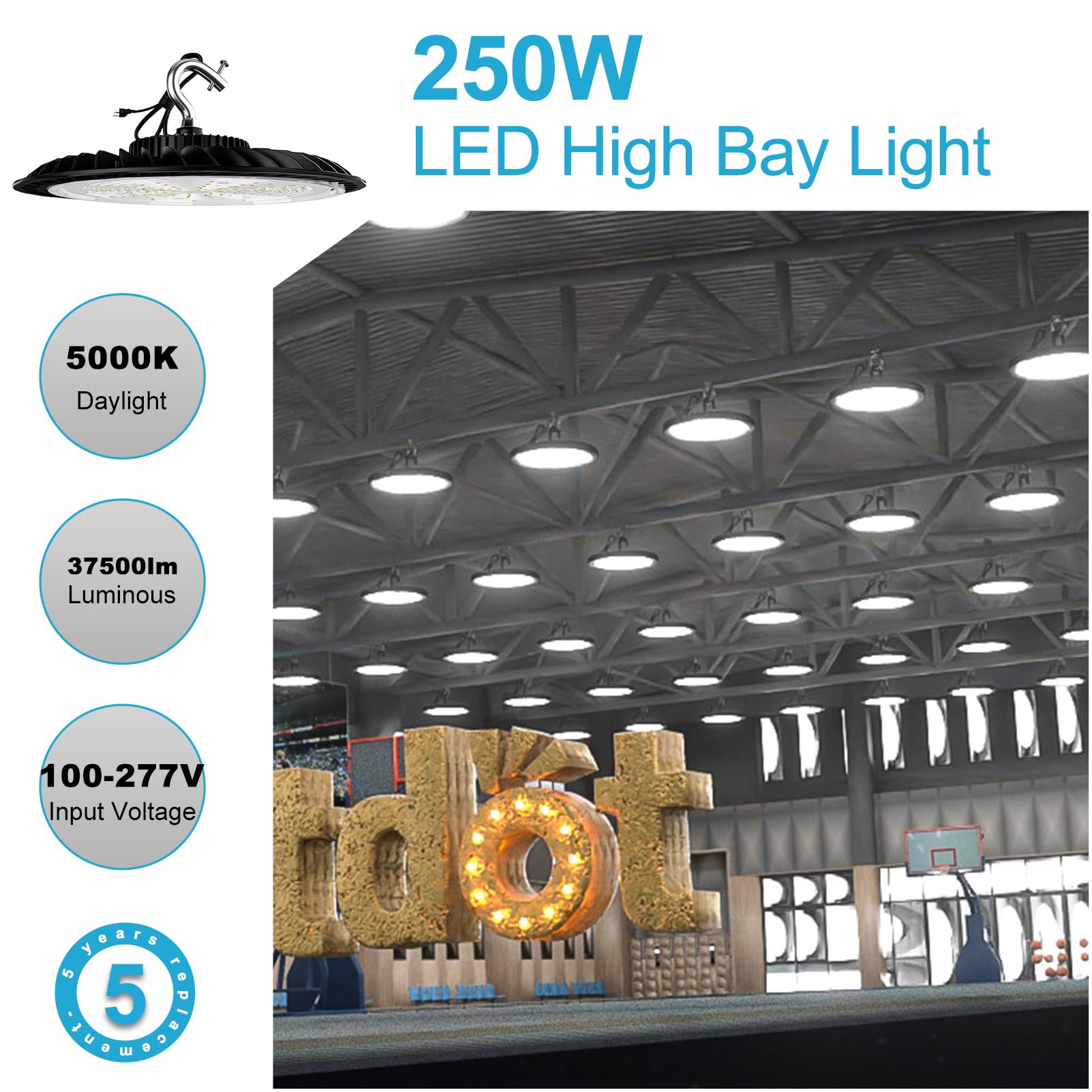 Lightdot 250W Led High Bay Light 37500Lm Commercial Bay Lighting, 5000K Ac100-277V Ufo Led High Bay Shop Light With Us Plug Suit
