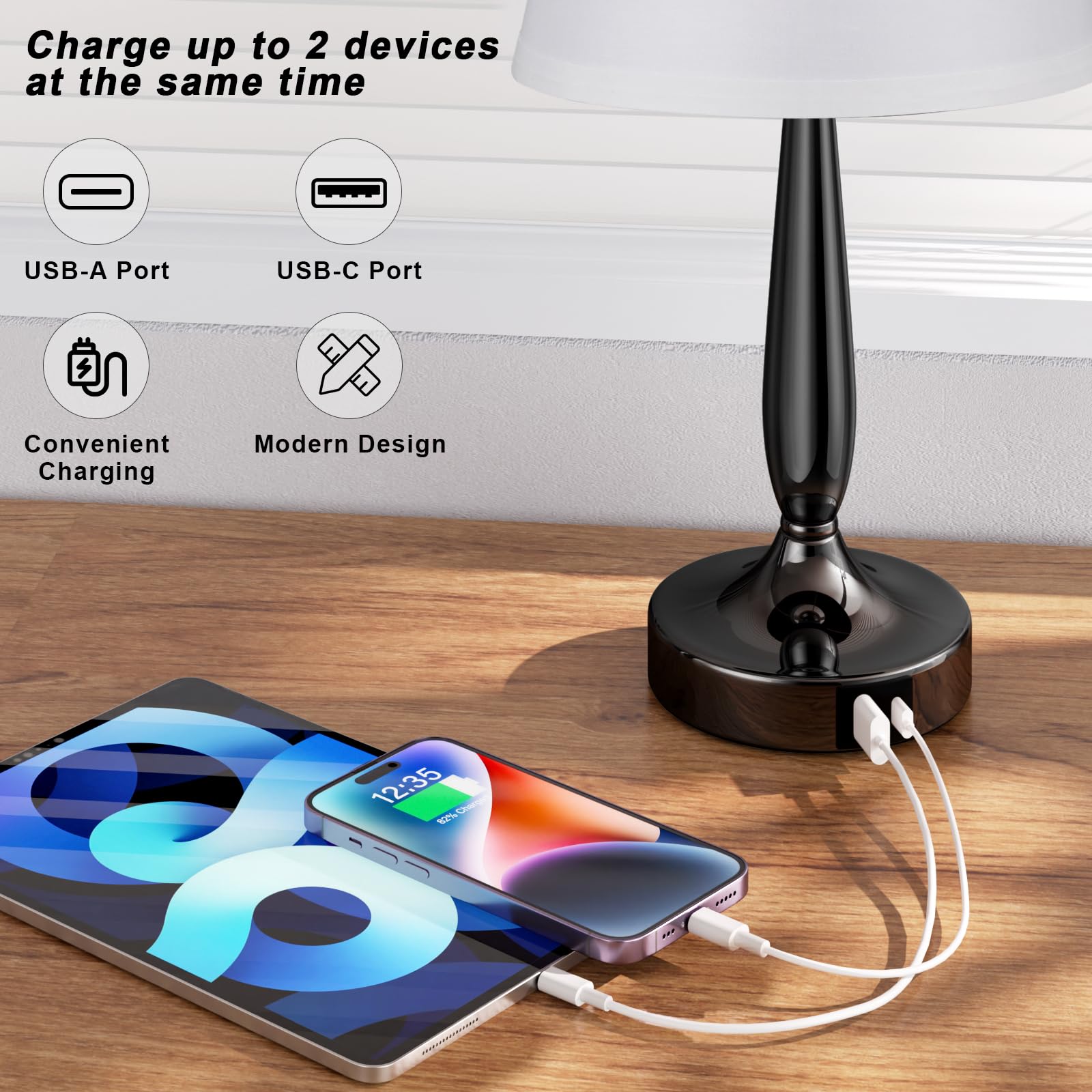 Kakanuo Touch Table Lamp with USB C Port, 3-Way Dimmable, White, Metal, LED Bulb Included