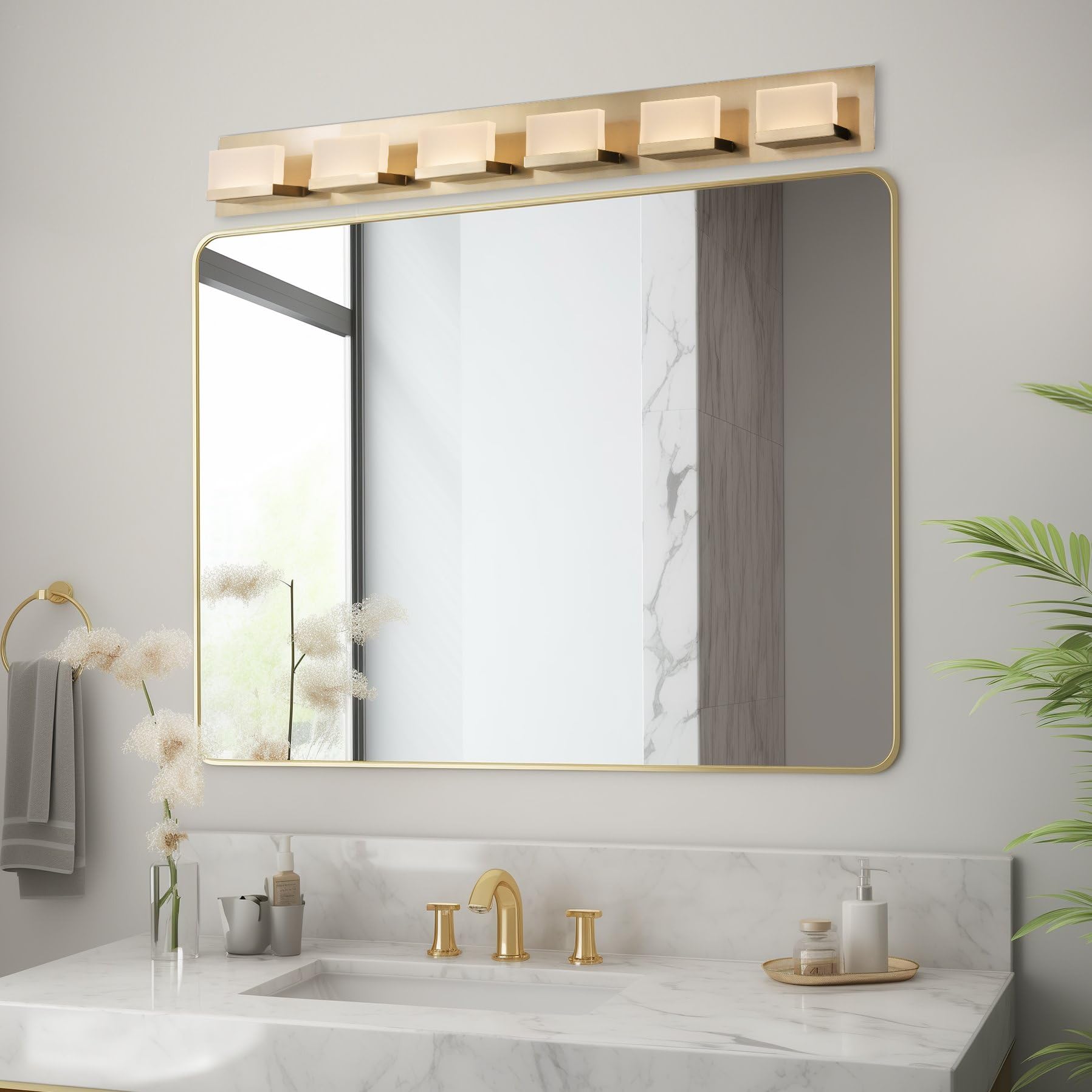 Kira Home 48in Modern 6-Light Bathroom Vanity Light, Cool Brass Finish, Metal, RV-WB9266-CB, 3000k Warm White Light