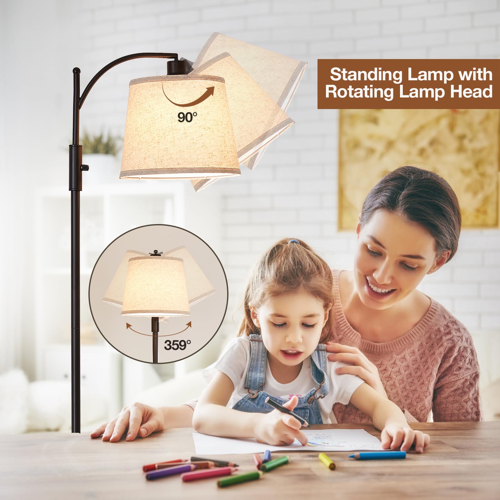 AIDENOEY Floor Lamp, Fully Dimmable, Black Metal, Rotary Switch, Beige Linen Shade, 9W LED Bulb Included, Model HYZC020-1
