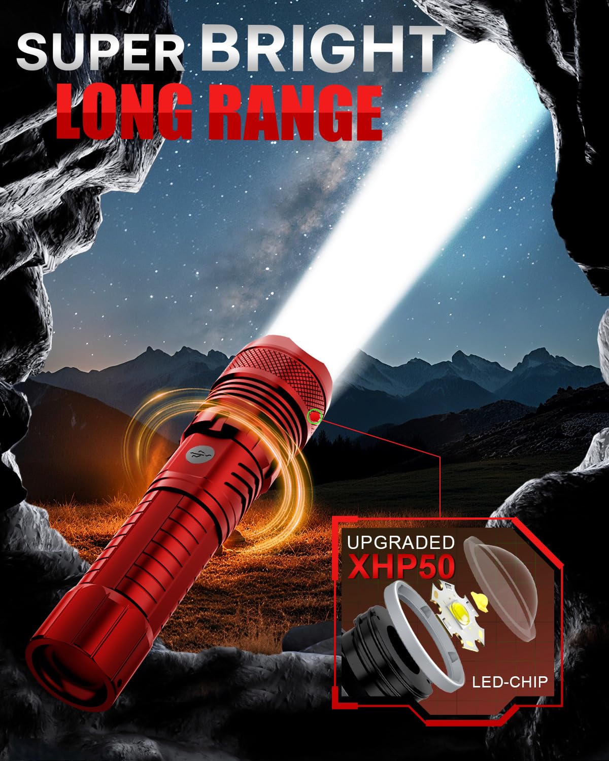 Victoper Red LED Tactical Flashlight, Rechargeable, 5 Modes, Zoomable, Waterproof, P50 1 Pack