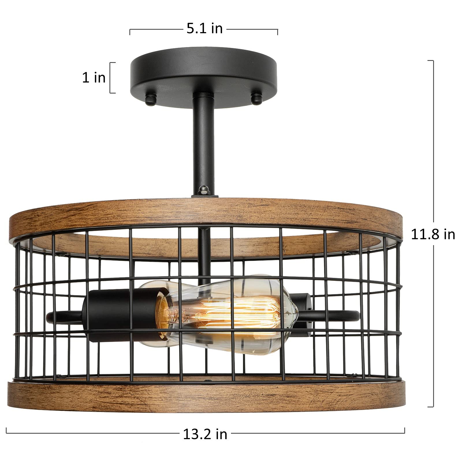 2-Light Farmhouse Semi Flush Mount Ceiling Light Fixture, Rustic Drum Wood Ceiling Lamp For Hallway Kitchen Entryway Foyer Bedro