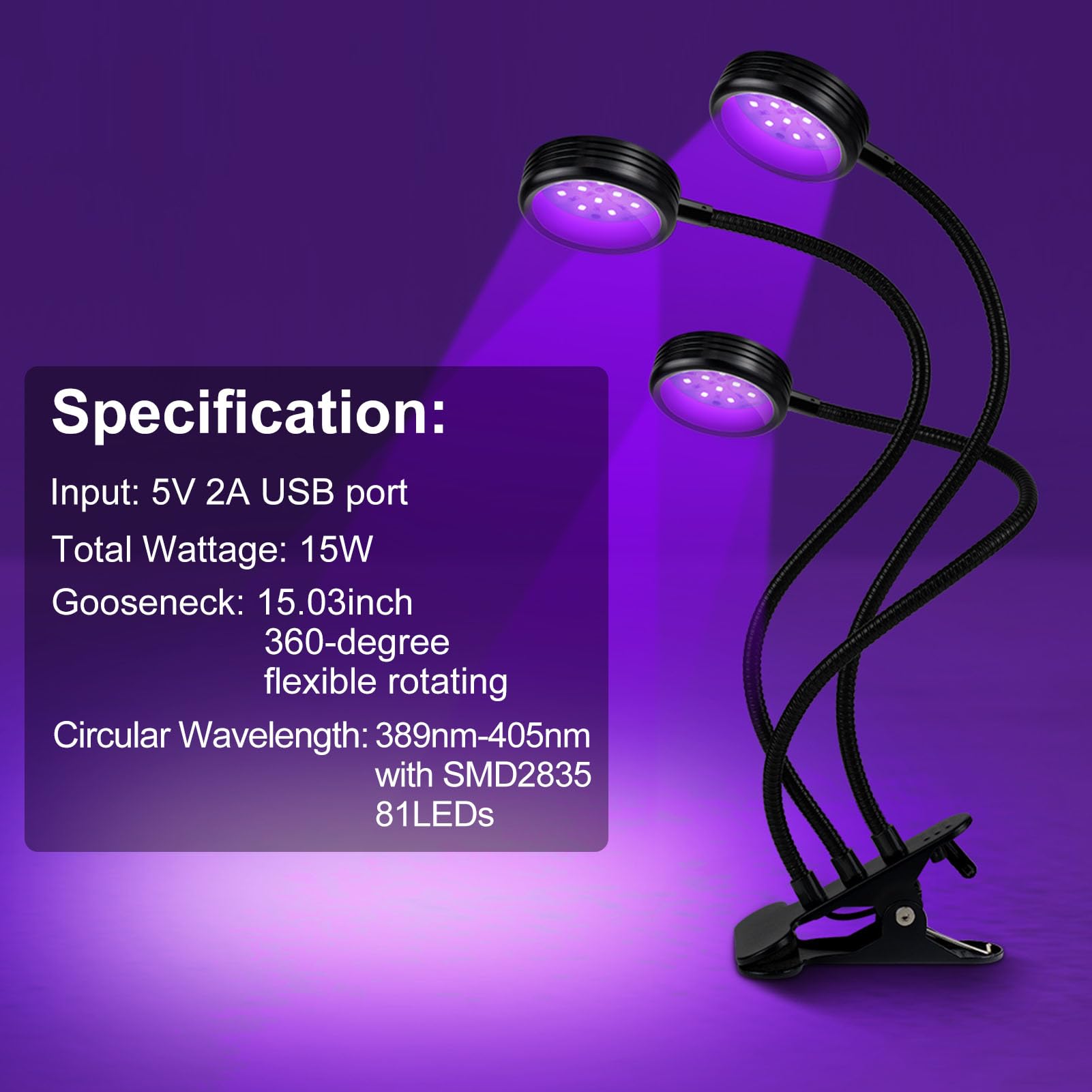Ygs-Tech Led Black Light, 15W Uv Lamp With Usb, Three Head Dimmable Gooseneck Uv Light, Wavelength 389-405Nm Black Lights For Re