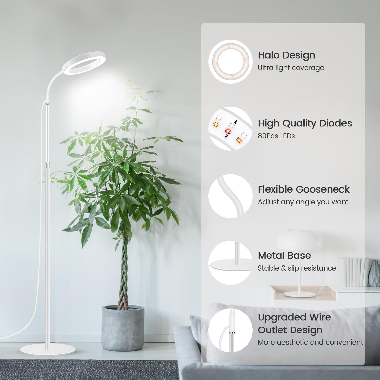 Garpsen Full Spectrum LED Grow Light with Stand, 67'' Adjustable Height, 3 Color Modes, 5 Dimmable Levels, White, Model BL-B20B-White