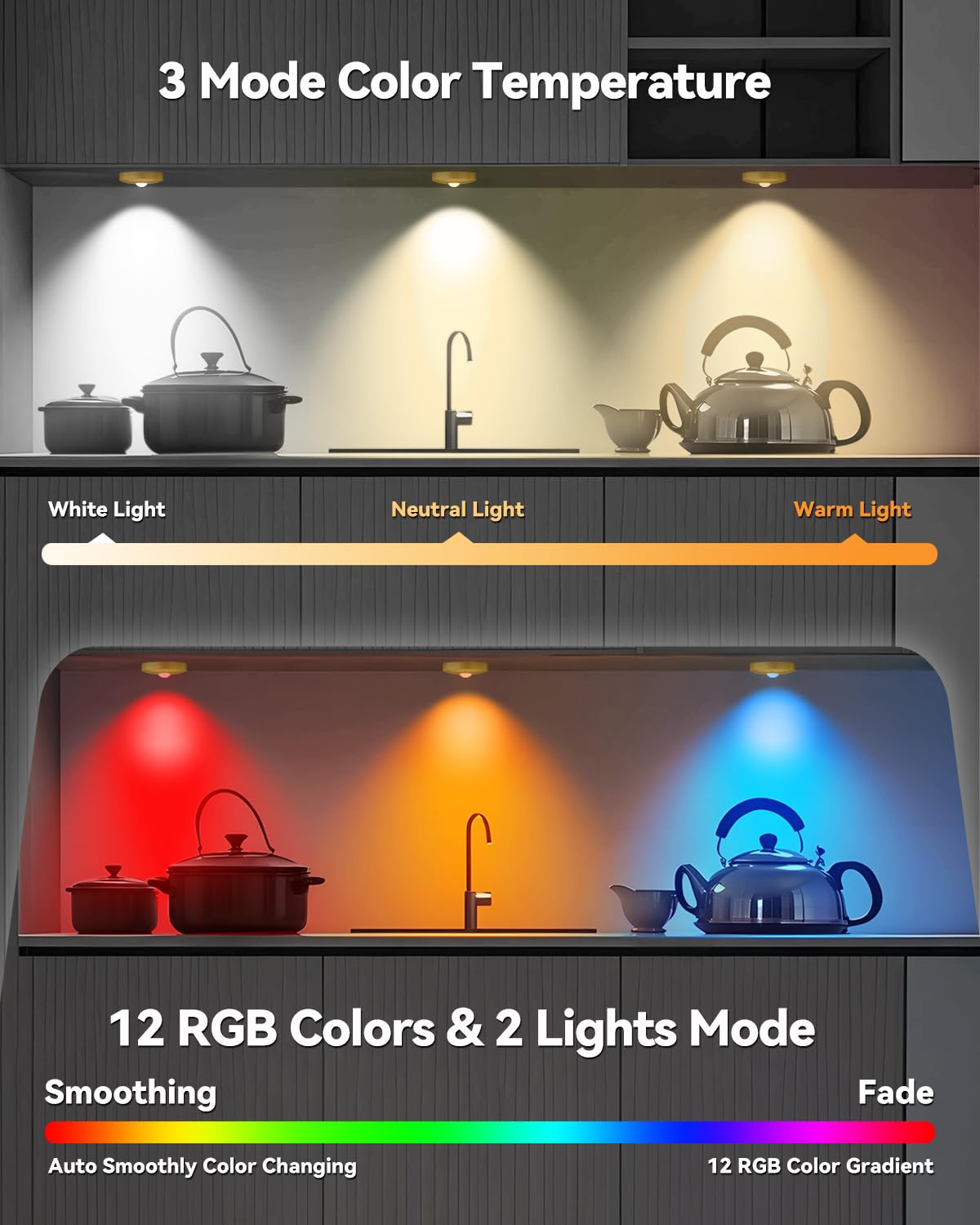 Aokpsrt Rechargeable RGB Puck Lights, Remote Control, Dimmable, 6 Packs, Gold, Battery Operated, Plastic
