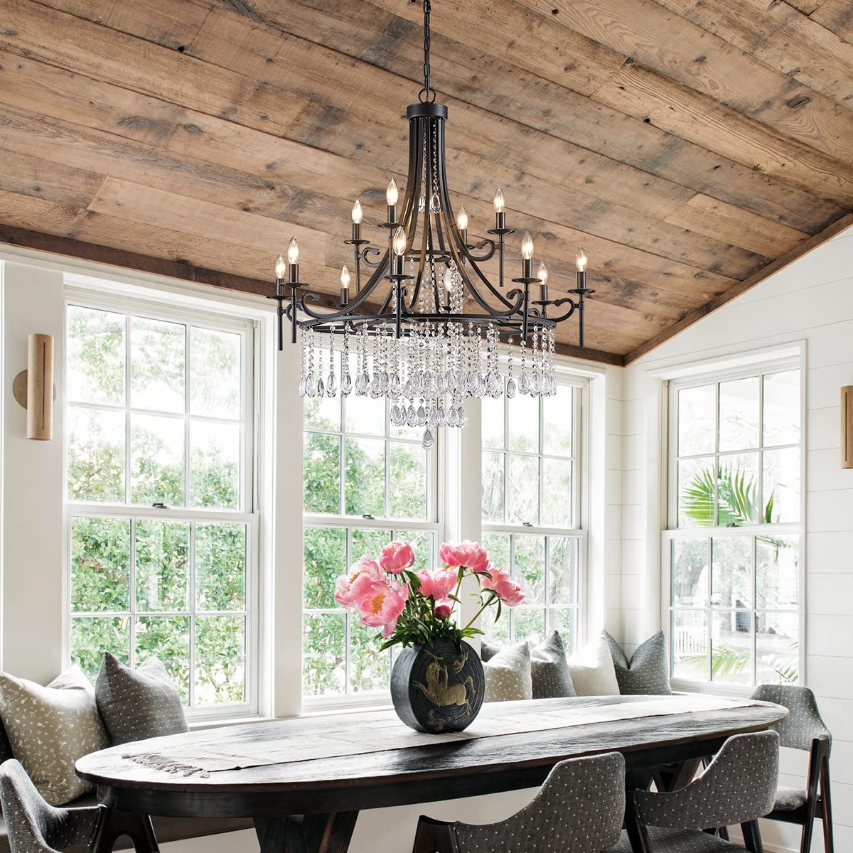 WUZUPS 12-Light Candle Chandelier Pendant Light, Black Metal Modern Fixture for Bedroom, Hallway, Kitchen, Living Room