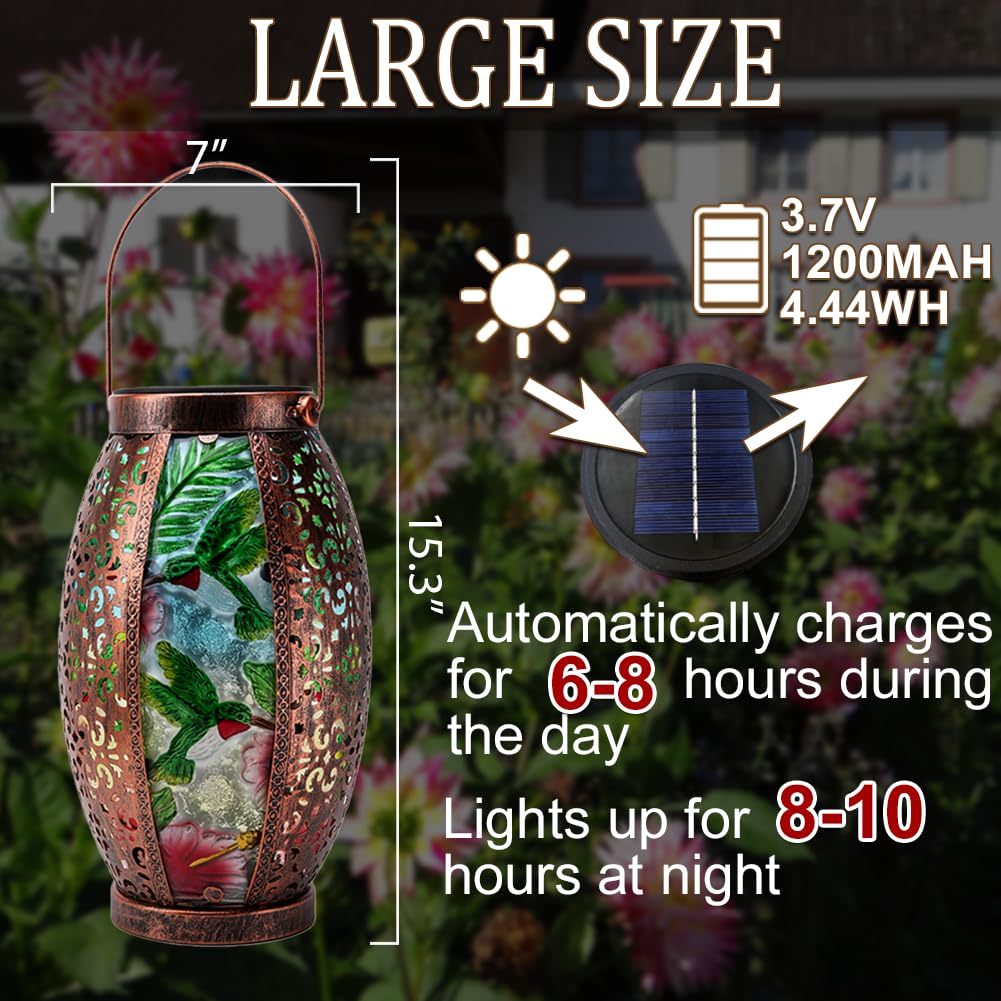 Ouisjyer 2Pc Solar Lantern Outdoor Waterproof Glass & Metal Garden Decor Gifts For Women Mom Grandma Large Hanging Solar Light T