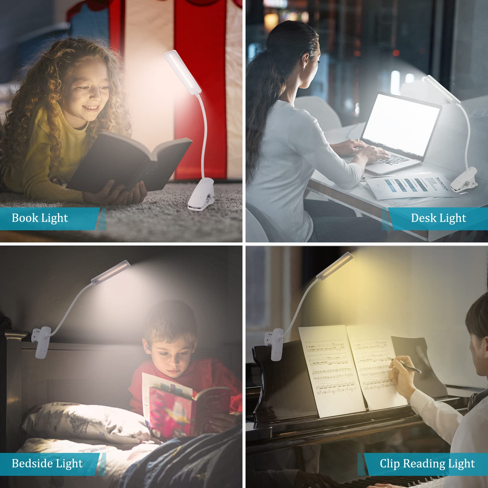Deaunbr Led Reading Light With Clip, Usb Rechargeable, 24 Leds, Flexible Neck, White, Model Ws0030-00