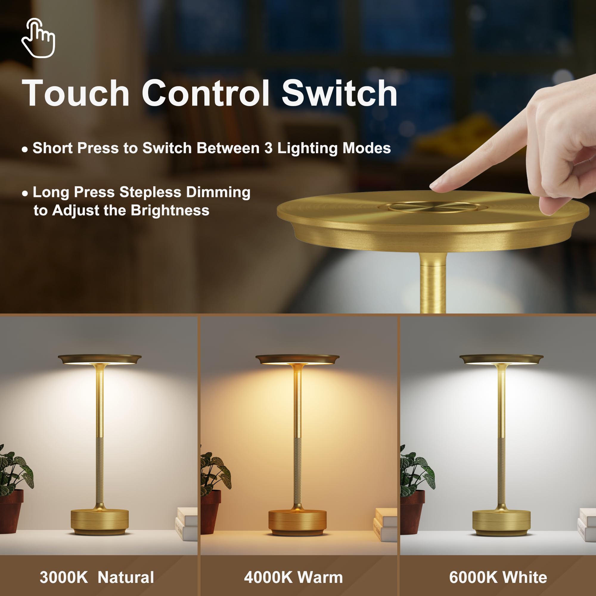 Fdidc Rechargeable Cordless Table Lamps,Portable 5000Mah Table Light Touch 3 Color Stepless Dimming Battery Powered Led Table La