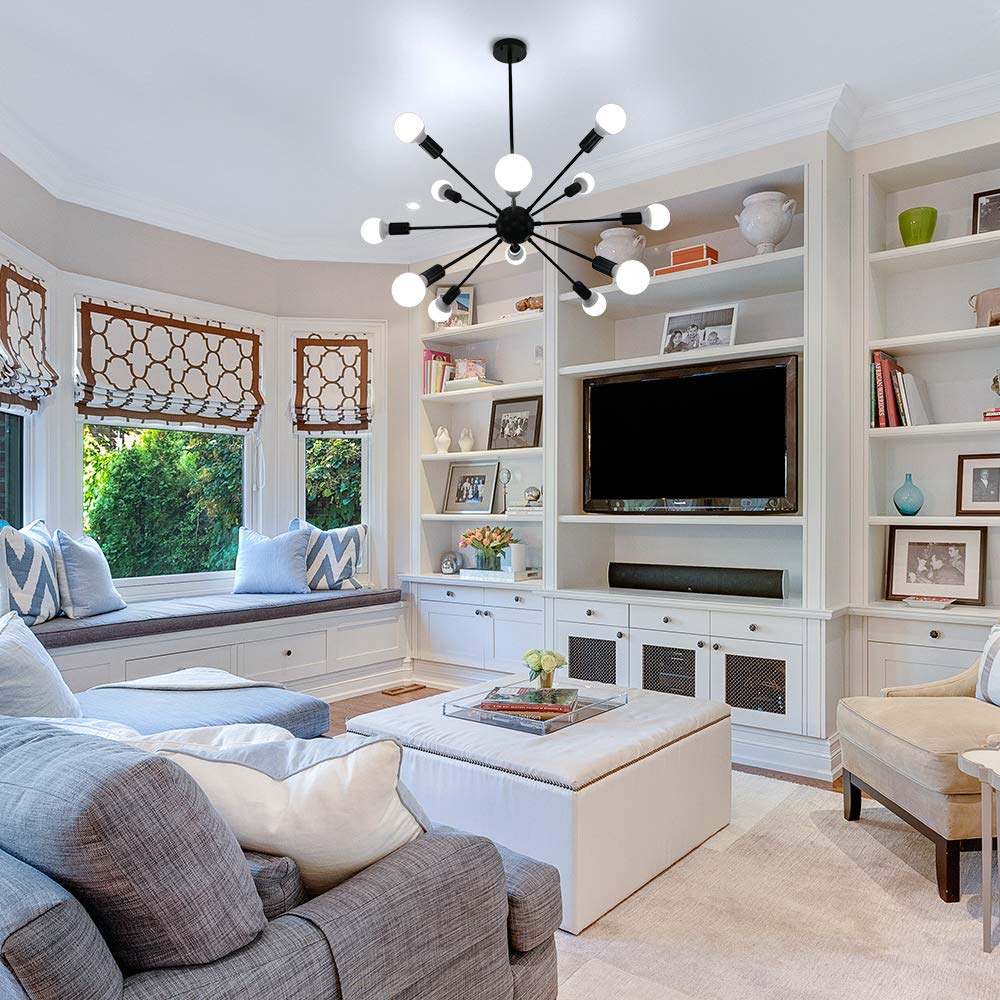 Lynpon 12-Light Black Sputnik Ceiling Light Chandelier - Mid Century Industrial Pendant Fixture