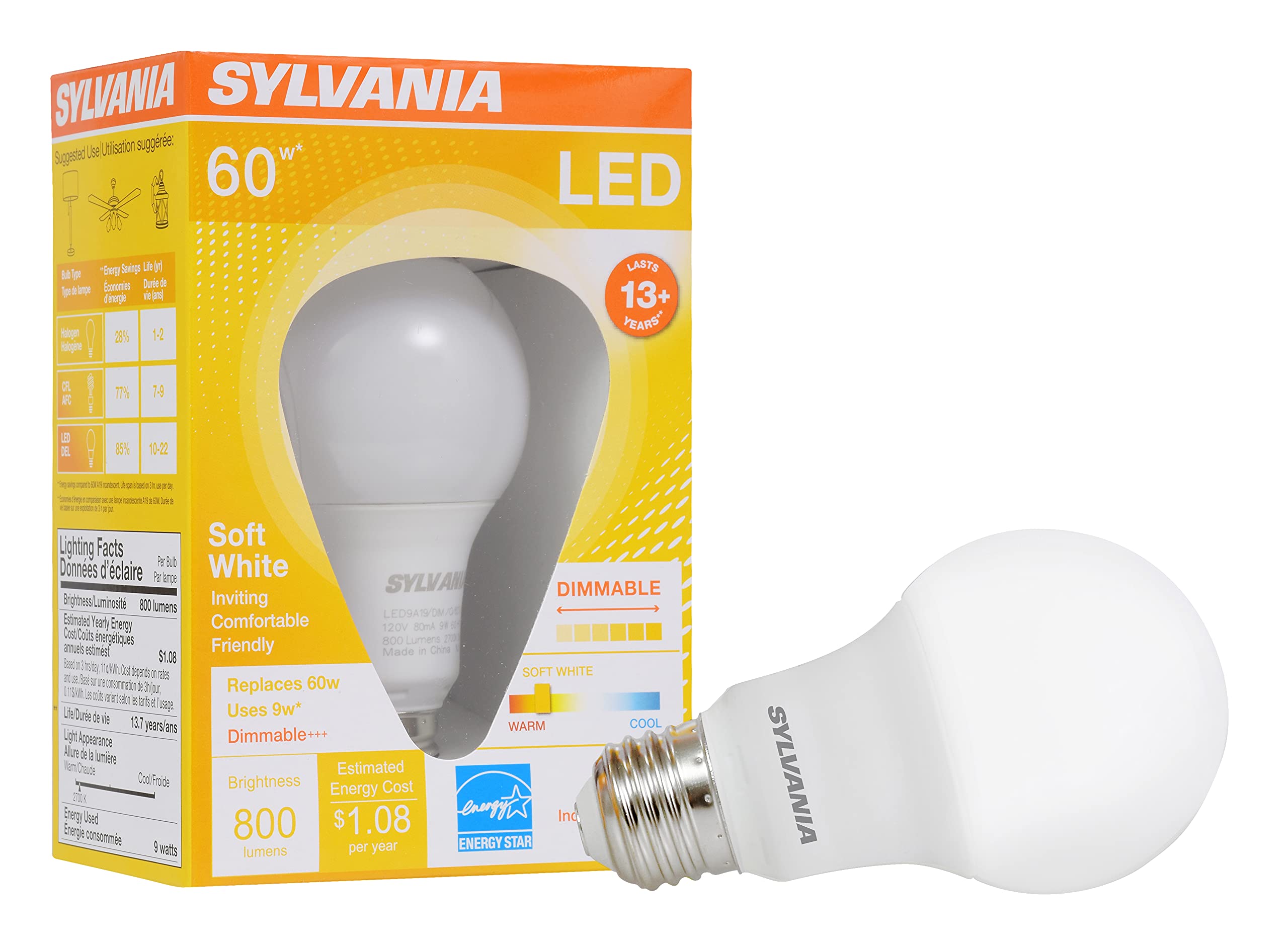 Sylvania A19 Led Light Bulb, 9W, 60W Equivalent, 13 Years, Dimmable, 800 Lumens, 2700K, Soft White - 1 Pack (74687)