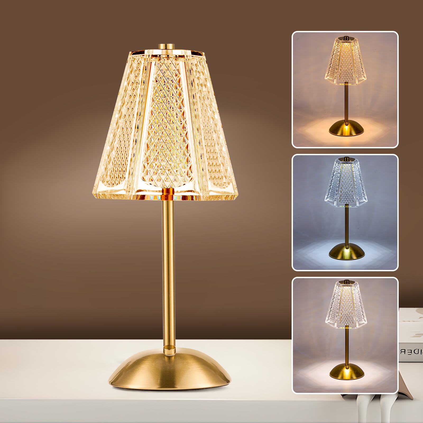 HAPYGI Portable Battery Operated LED Table Lamp with Touch Sensor, Gold Cordless Brass Rechargeable Bedside Lamp/Night Light/Res