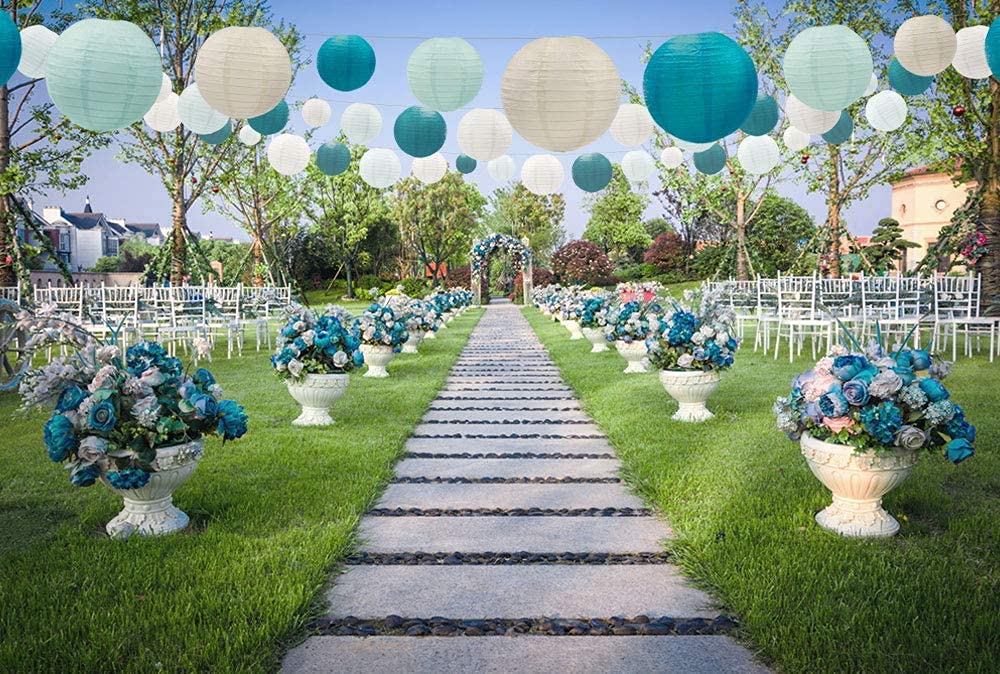 UNIQOOO Paper Lantern Decoration Set, 18PCS Ocean Blue, Assorted Sizes, Easy Assemble for Weddings, Baby Showers, Birthdays