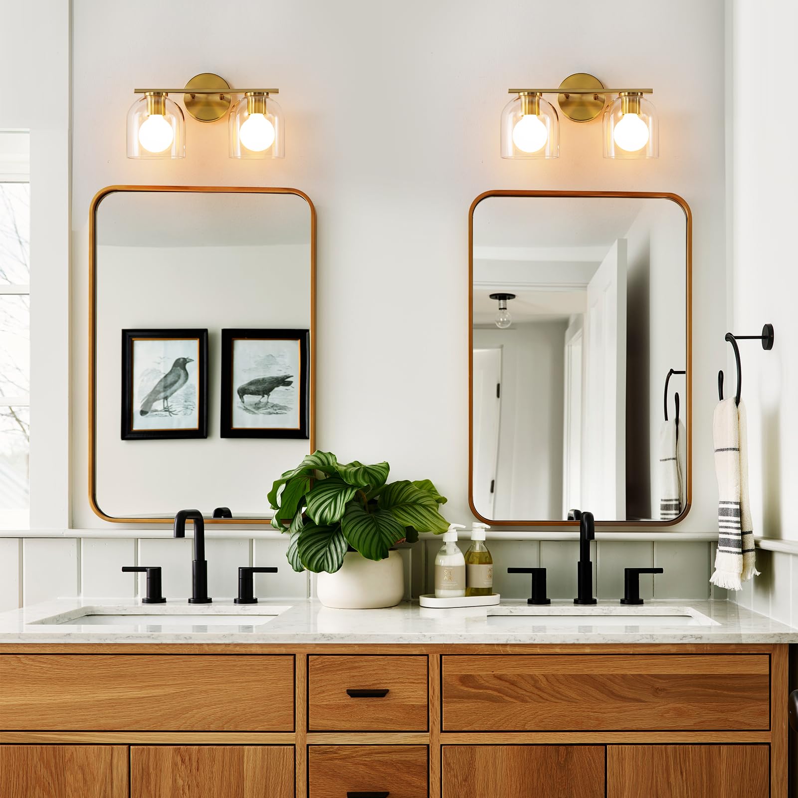 WOSHITU 2-Light Bathroom Vanity Light Fixtures, Brushed Gold, Modern Design, 14.2 Inch Clear Glass Shade, Model 8202