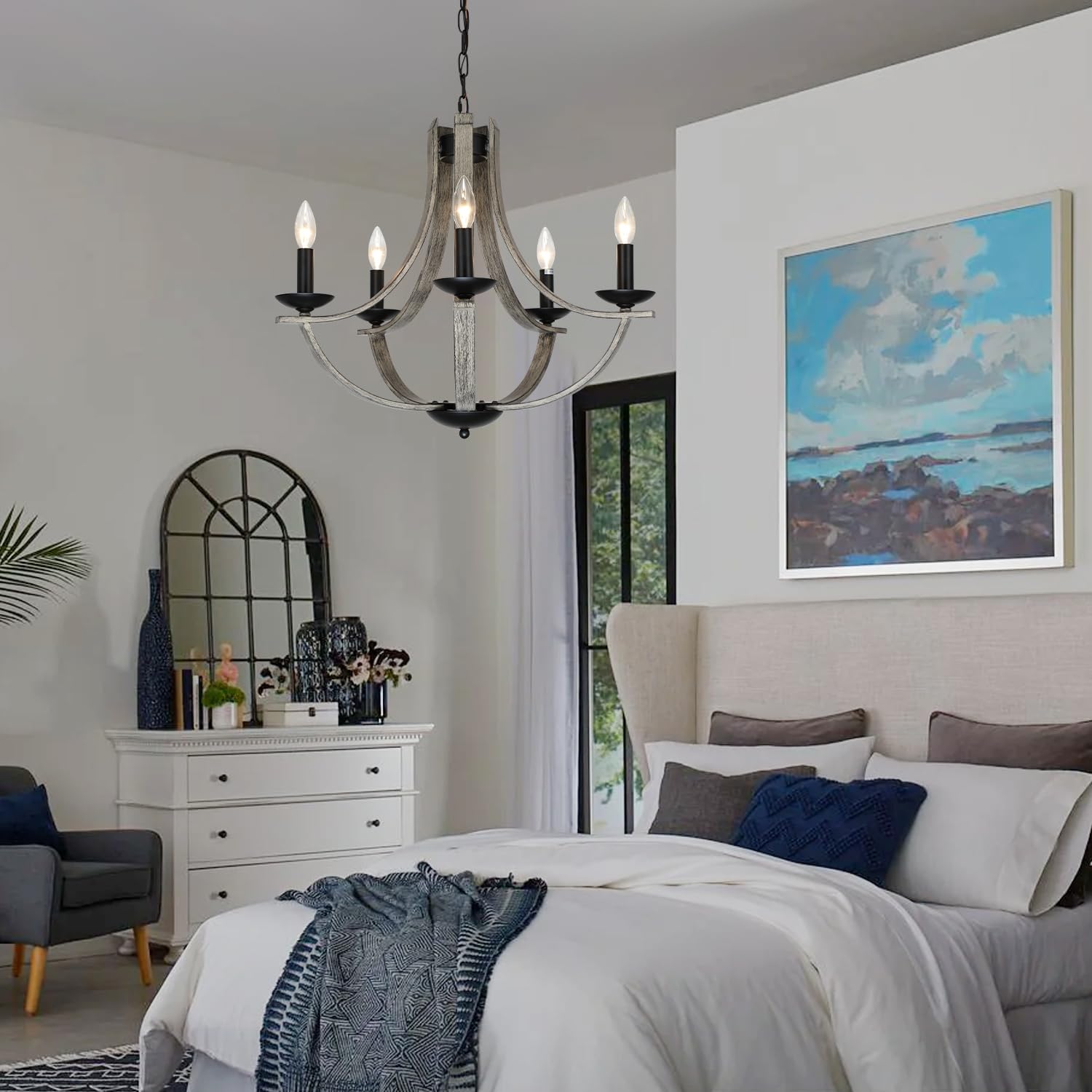 Lampkeduo Rustic Chandeliers For Dining Room Light Fixture  5-Light 24 Inch Faux Wood Texture Hanging Lighting Fixtures Farmhouse Candle Chandeliers For Living Room Kitchen Island Foyer Entryway