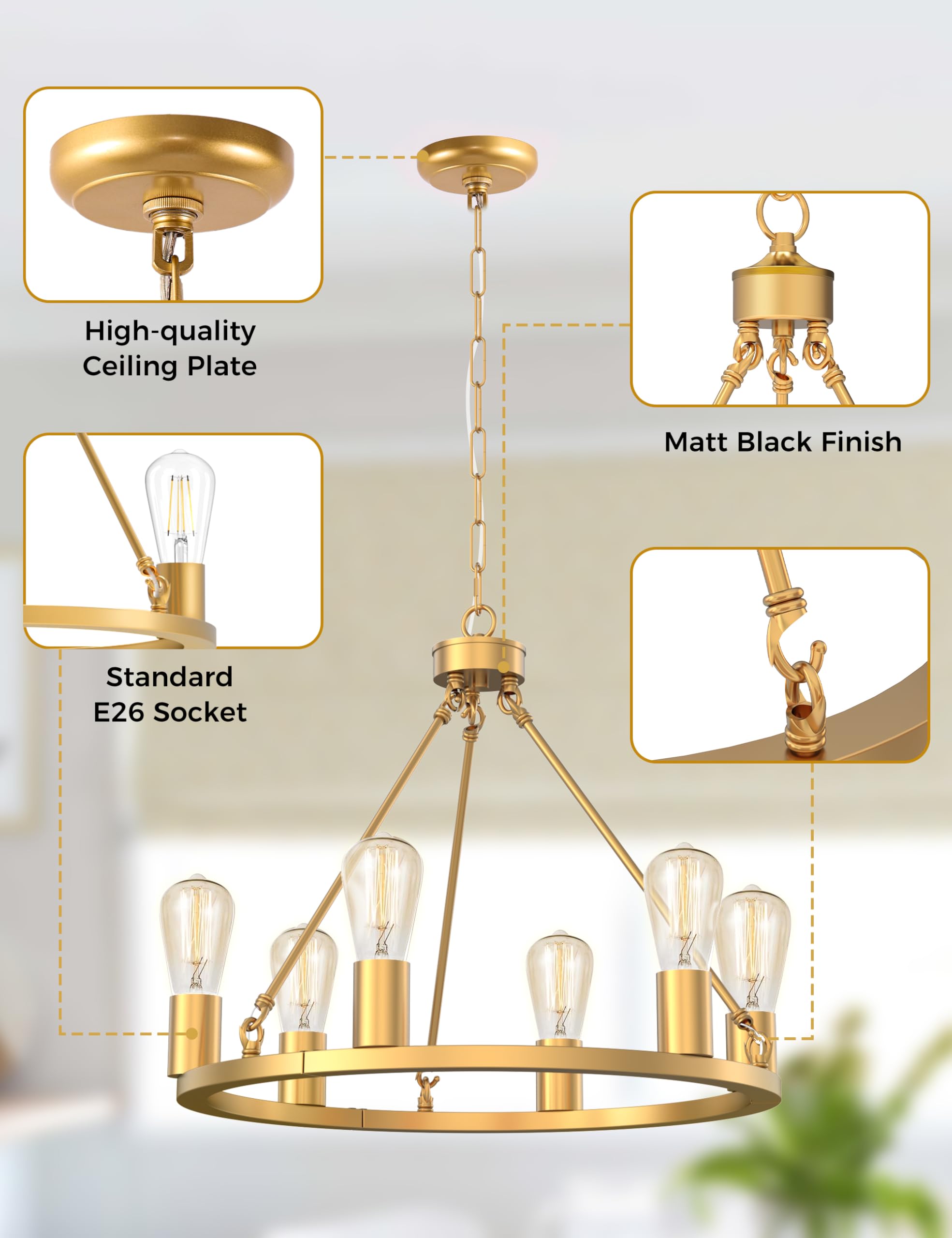 L Lohas Led Gold Farmhouse Chandeliers For Dining Room, 6-Light Wagon Wheel Chandelier Over Table, Height Adjustable, 19'' Dinin