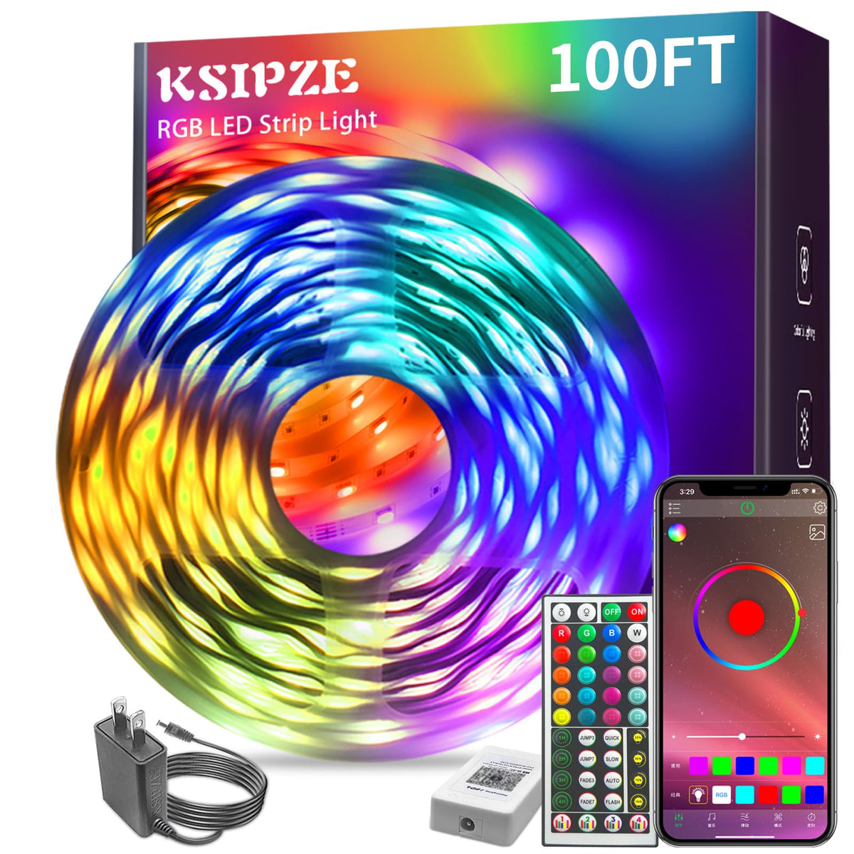 Ksipze 100Ft Led Strip Lights Rgb Music Sync Color Changing,Bluetooth Led Lights With Smart App Control Remote,Led Lights For Be