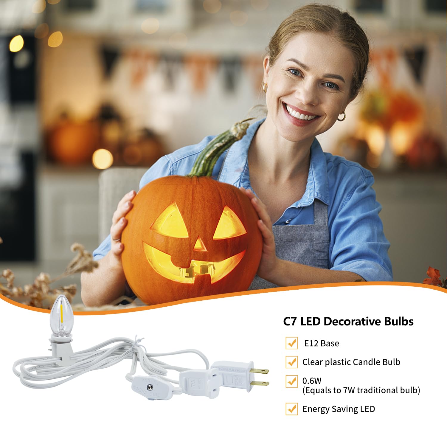 4 Pack Chainable Accessory Cord With C7 Led Light Bulbs, 6 Ft Indoor Blow Mold Light Cord With Male And Female Plugs For Halloween Pumpkins Christmas Village Houses And Craft Projects Decoration