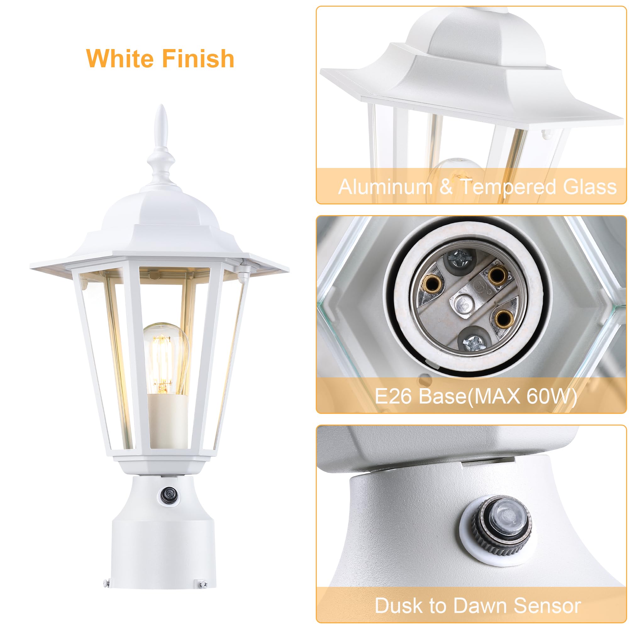 GRUENLICH Outdoor Post Lights, Modern Aluminum Lamp Fixture, Dusk to Dawn, 15in Height, White, 2 Pack, Model GR-PL001D2D-WT-