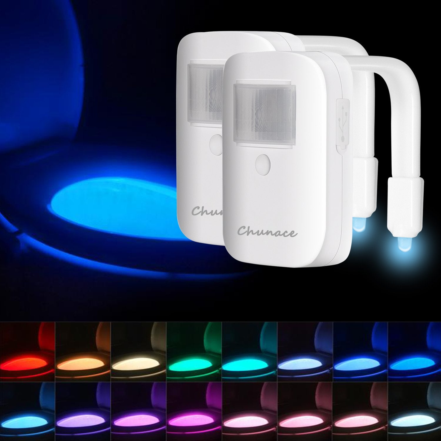 Chunace Rechargeable Toilet Night Light 2 Pack - 16-Color LED, Motion Sensor, White