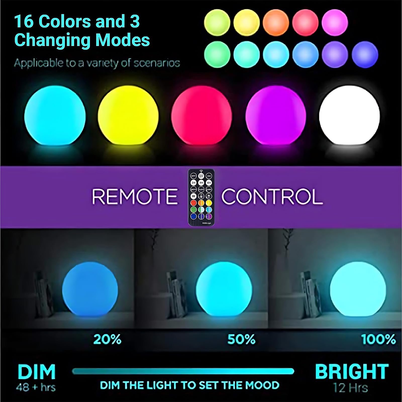 LOFTEK 8-inch LED Night Light Ball - 16 RGB Colors, Dimmable, Rechargeable, IP65, Remote Control, White, Model KD-B120