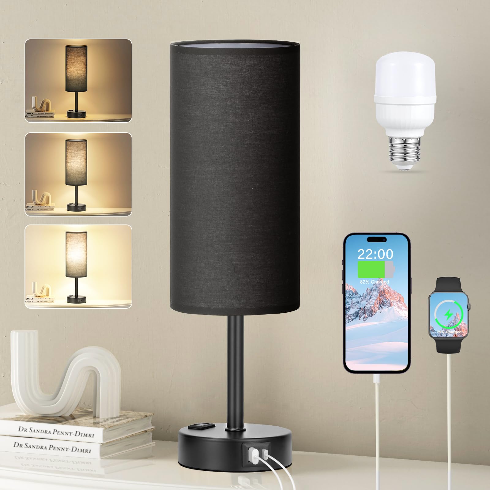 Fenmzee Black Bedroom Lamp for Nightstand - 3 Way Dimmable Bedside Lamp USB C A Charging Ports and AC Outlet, Small Table Lamp B