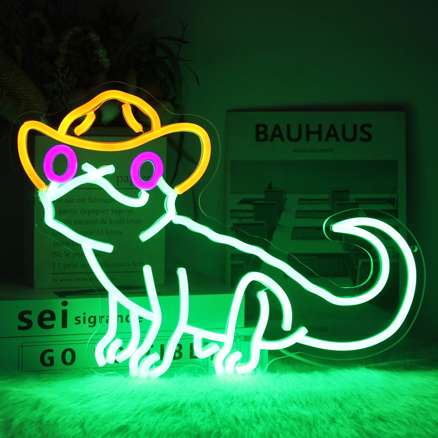 CKTBLEY Neon Sign - Cowboy Green Iguana LED Wall Decor, 16.7x11.2 inches, Glass, Green Yellow Purple, Model CC-Lizard