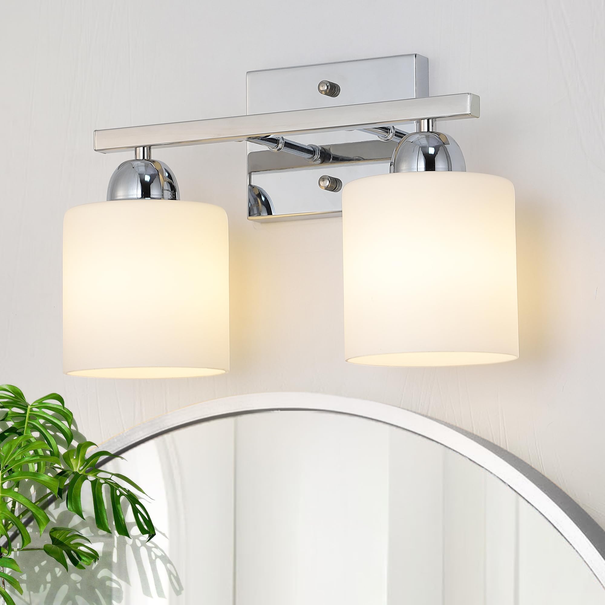 Mecgirn Stainless Steel Bathroom Vanity Light, 2 Light, Silver Chrome, Model B0003-2-Chrome, Frosted Glass Fixtures