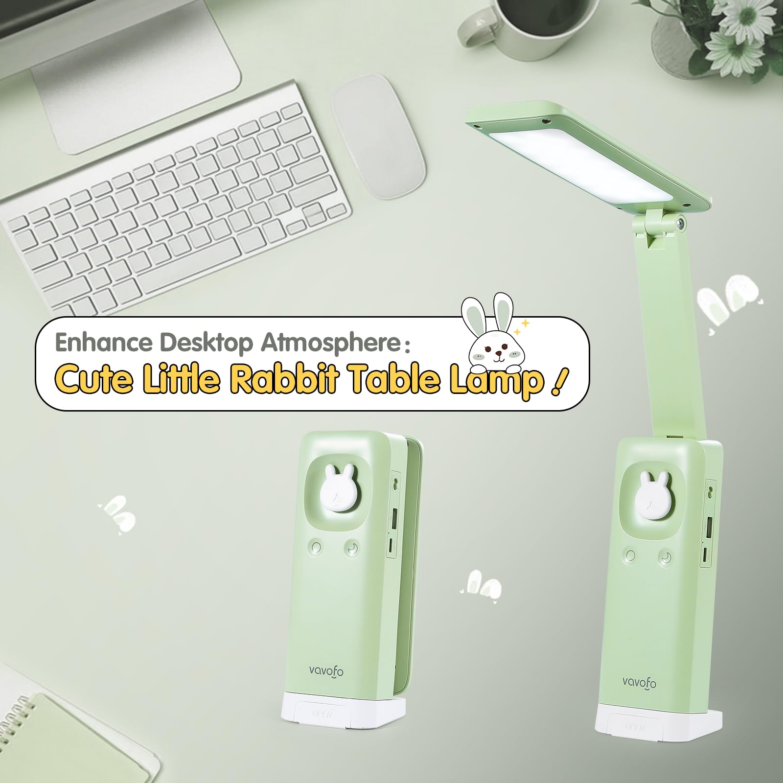VAVOFO Cordless Desk Lamp - 6000mAh Battery, USB C Rechargeable, Foldable, 3 Color Temperatures, Green - Model KM-6779A