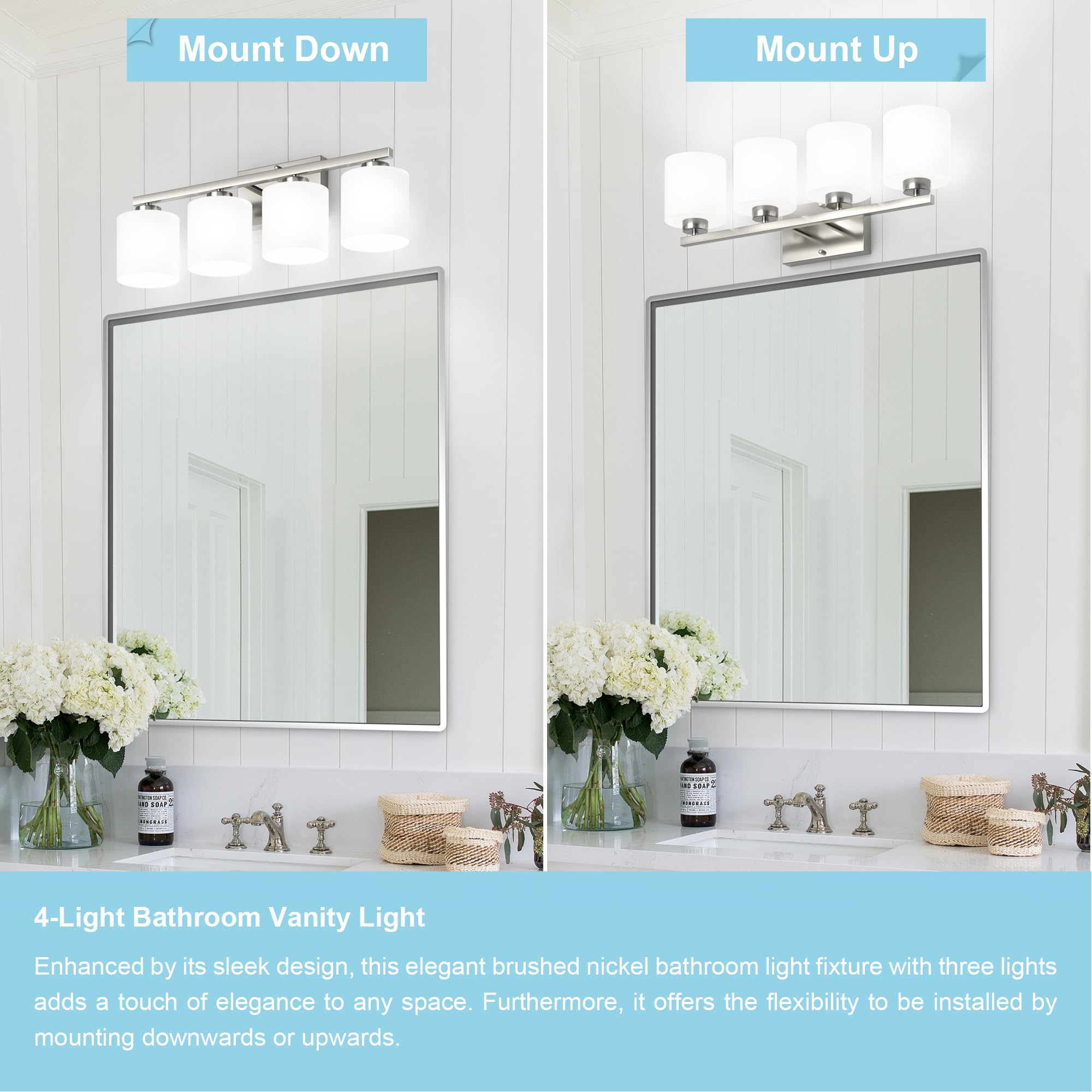 Honesorn 4-Light Bathroom Vanity Light Fixtures Brushed Nickel Modern Design with Frosted Shade E26 Base Model TK-JQD-MS-YS-4