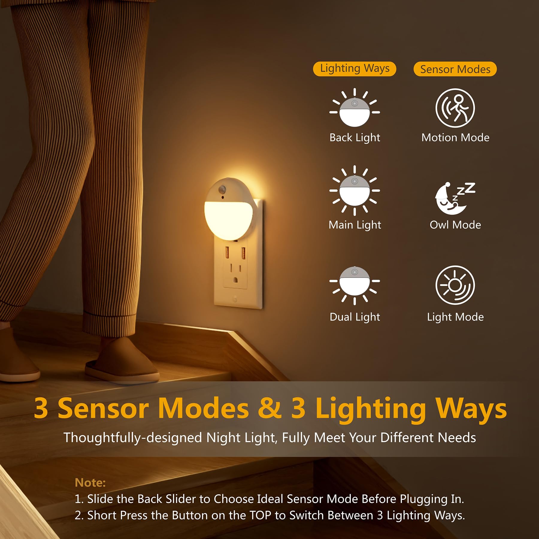 YUNLEX Night Light 2 Pack with Motion & Dusk Sensor, Warm White LED, 3 Sensor Modes, Ideal for Bathroom, Bedroom, Kitchen