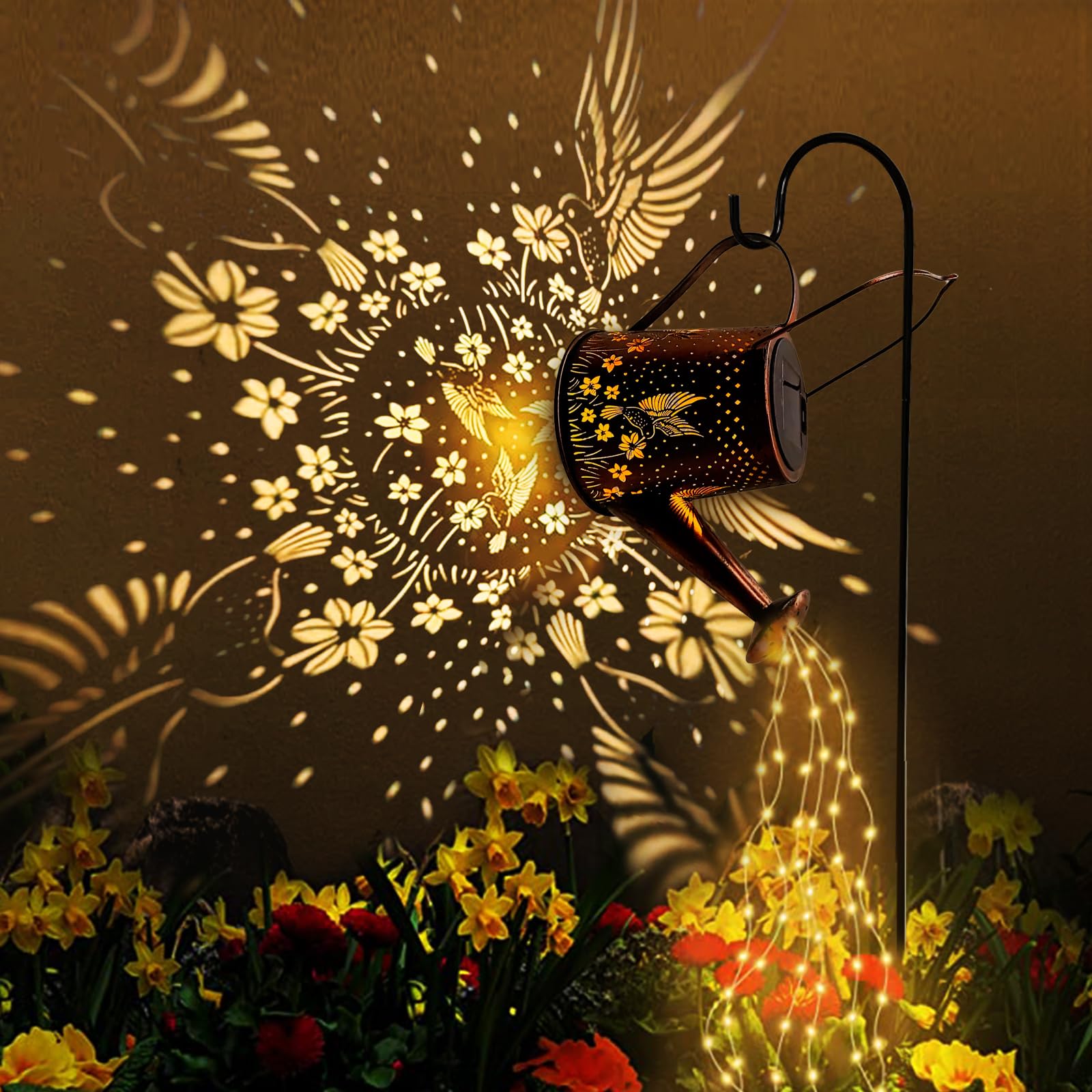 DIBIEECN Solar Watering Can Outdoor Light, Hummingbird Lantern, Metal, Waterproof, 32in Shepherd Hook