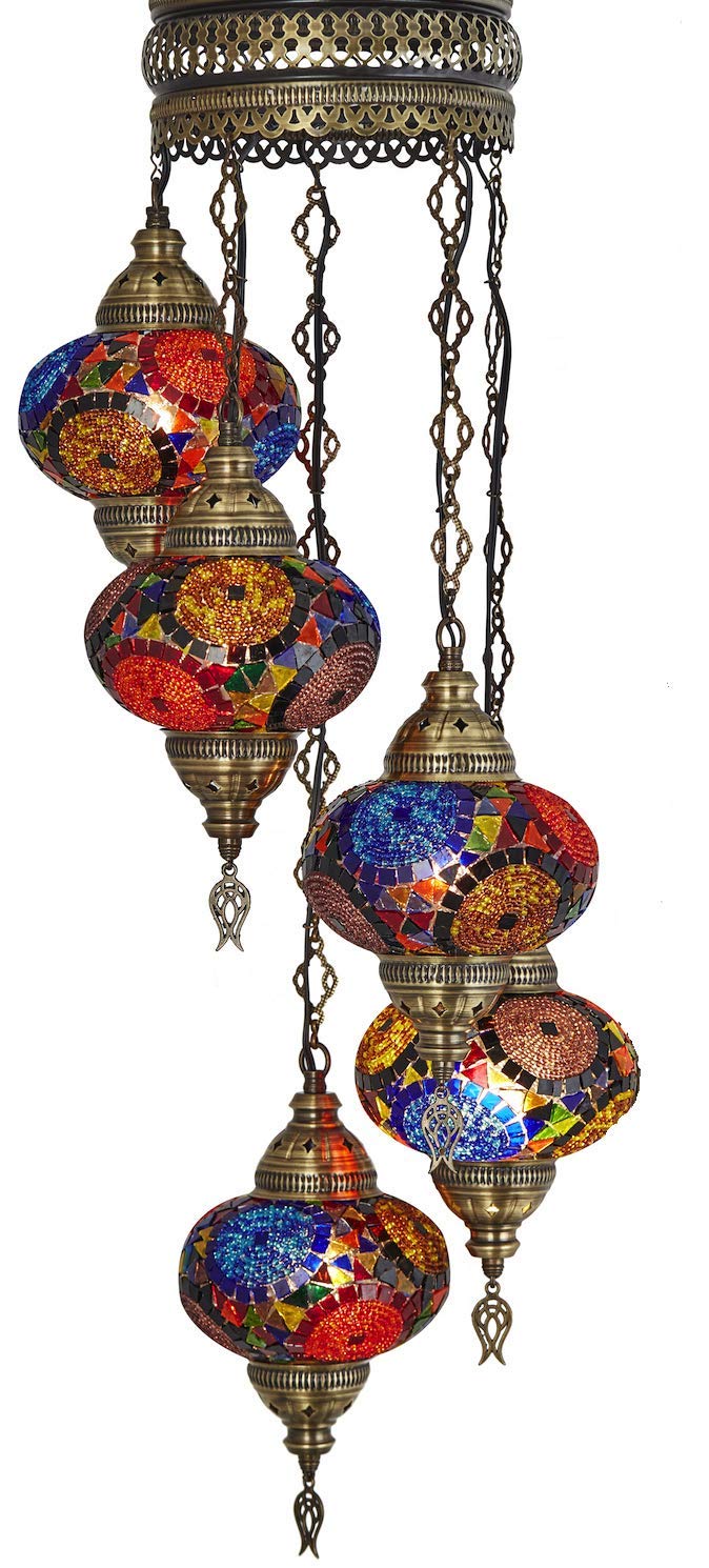 DEMMEX Moroccan Mosaic Swag Chandelier, 7in  Globes, Glass, Multicolor, 15ft Cord, Model Swag5
