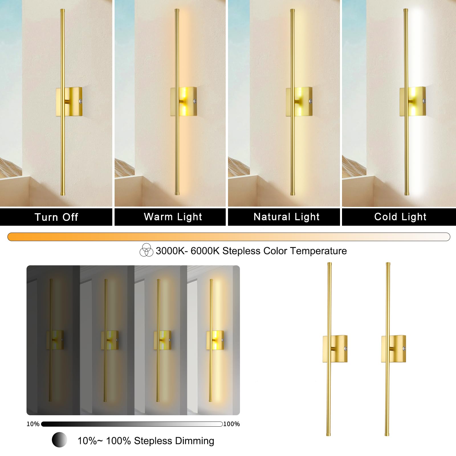 Morpholife LED Wireless Wall Sconce Set of Two - USB Rechargeable, Dimmable, 28.3" Gold Lamps for Hallway/Living Room/Bedroom