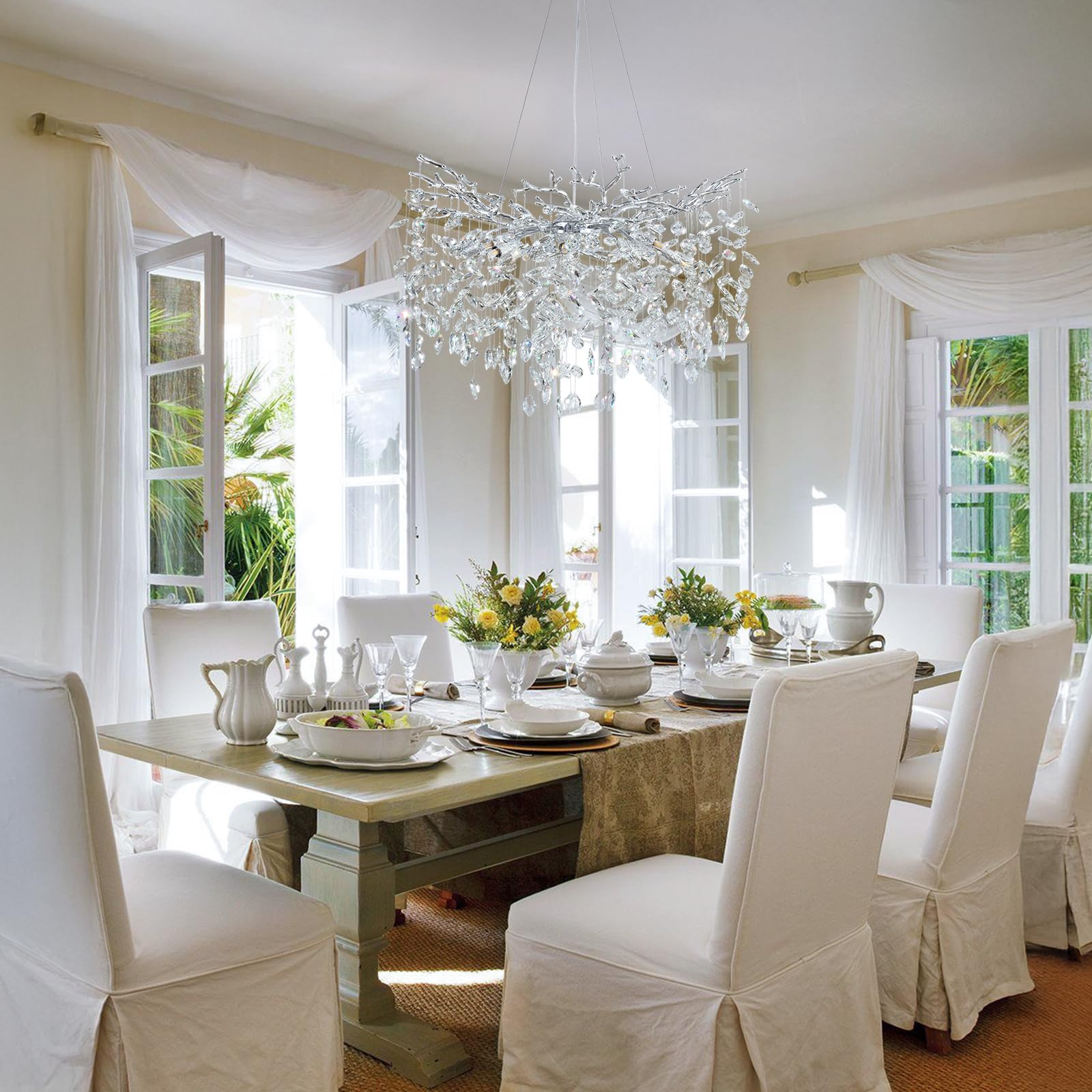 kvtinmty Modern Round Crystal Chandelier 30" Silver Tree Branches for Dining Room, Living Room, Foyer, Kitchen Island