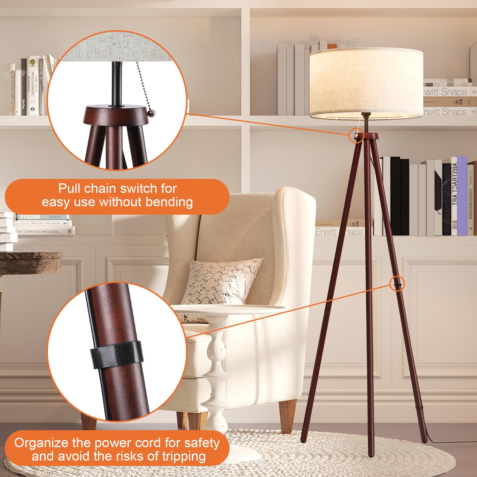 Litehistory Wood Tripod Floor Lamps For Bedroom, Living Room, And Office,Corner Lamp With Beige Linen Shade, 12W Three-Color Bul