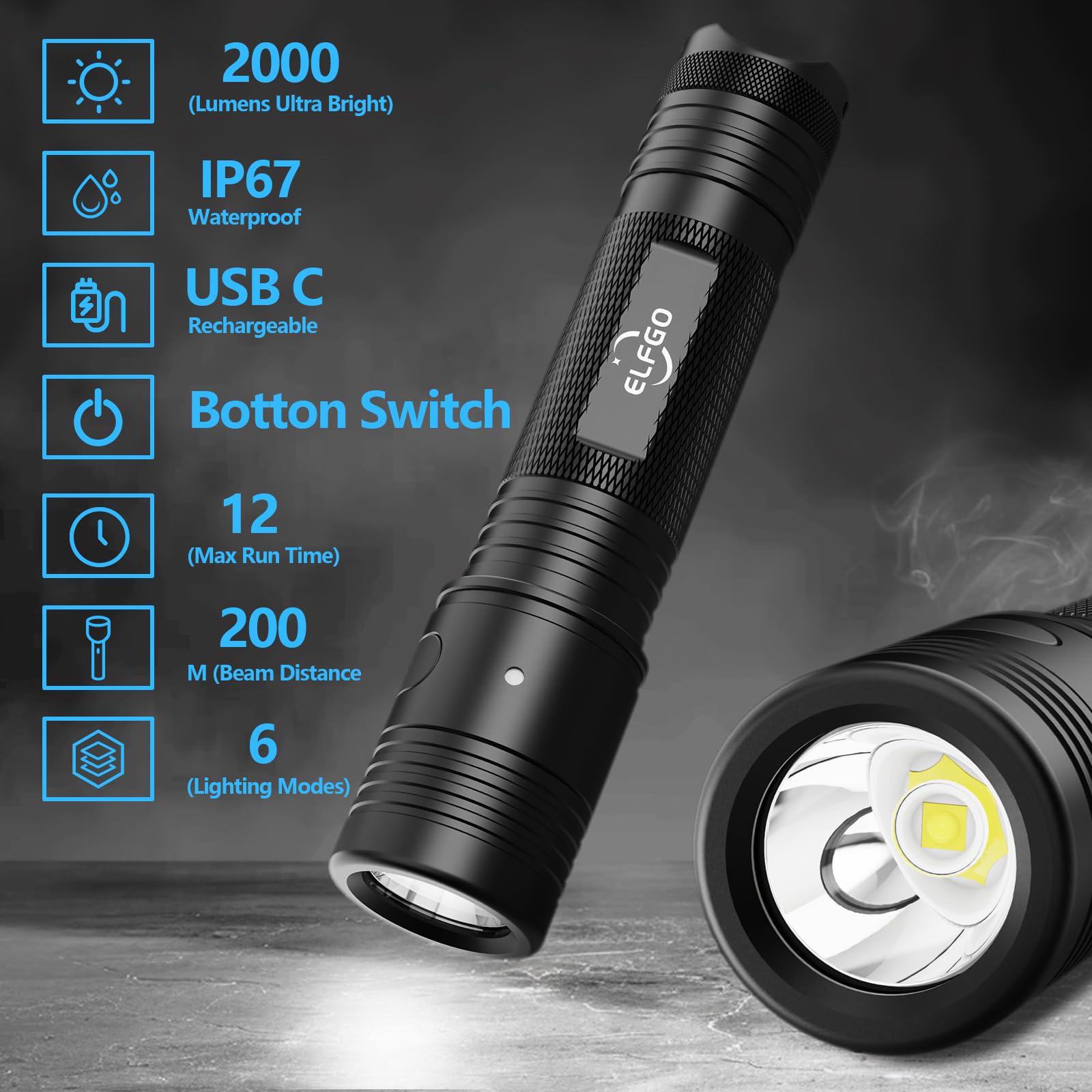 ELFGO Tactical Flashlight 2000 Lumens Rechargeable LED, IP67 Waterproof, Black, Model L4050L for Outdoor Camping and Emergency Use