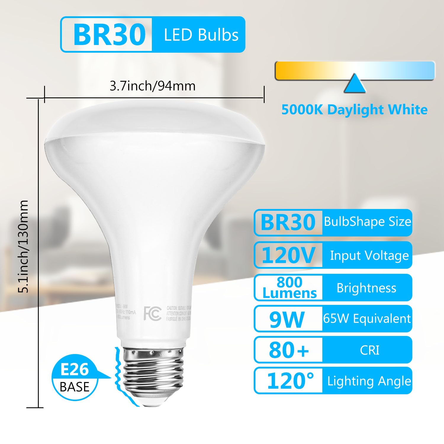 Dalattin 6 Pack Br30 Led Bulbs 65W Equivalent, Dimmable Indoor Flood Lights 5000K Daylight White, 9W, 800 Lumens, E26 Base, Led