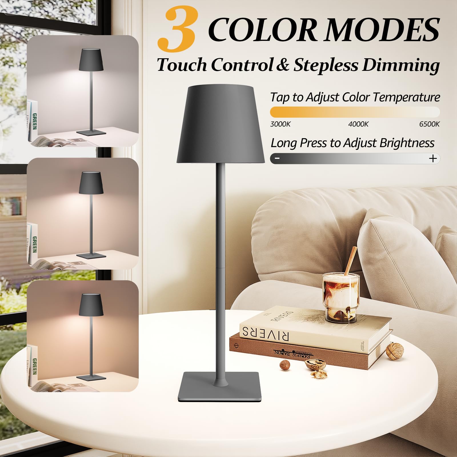 CHLORANTHUS 2 Pack Cordless Table Lamps, Stepless Dimming, 5000mAh Battery, Grey, Model: table-lamp -15, Ideal for Bedroom & Dining
